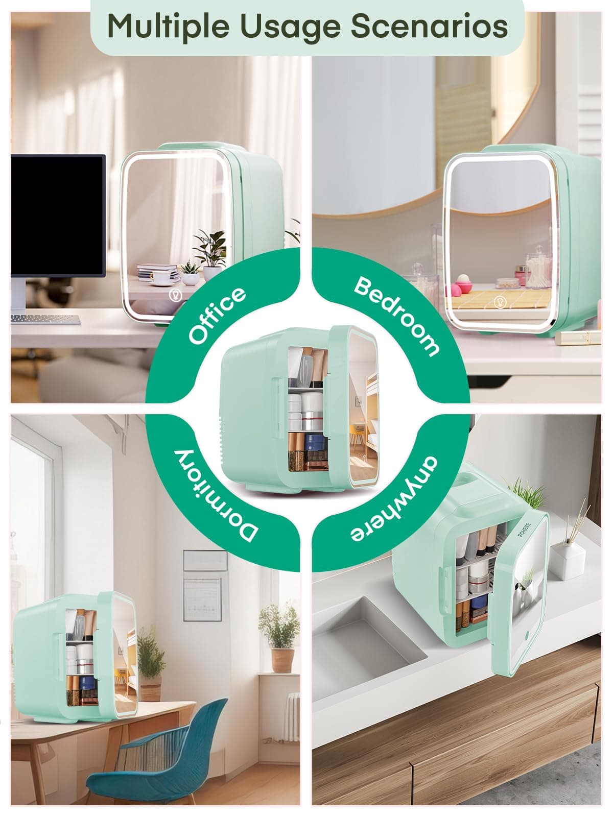 FOHERE Mini Fridge for Bedrooms, 5L/6 Can Portable Skincare Fridge with Dimmable LED Light Mirror, Cooler & Warmer for Food, Drinks and Cosmetic (Green) — view 8