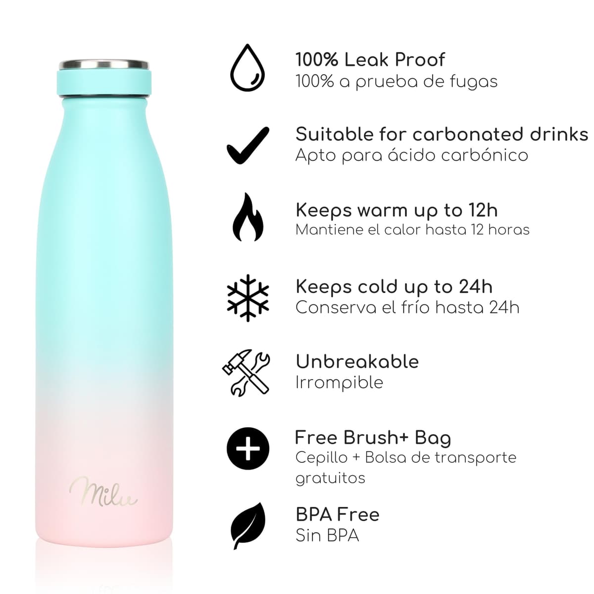 Milu Botella de acero inoxidable de 350ml 500ml 750 ml 1 L 1,5 L botella de agua aislada, termo a prueba de fugas, doble pared, apta para ácido carbónico + cepillo de limpieza (Azul Violeta, 350ml) — view 152