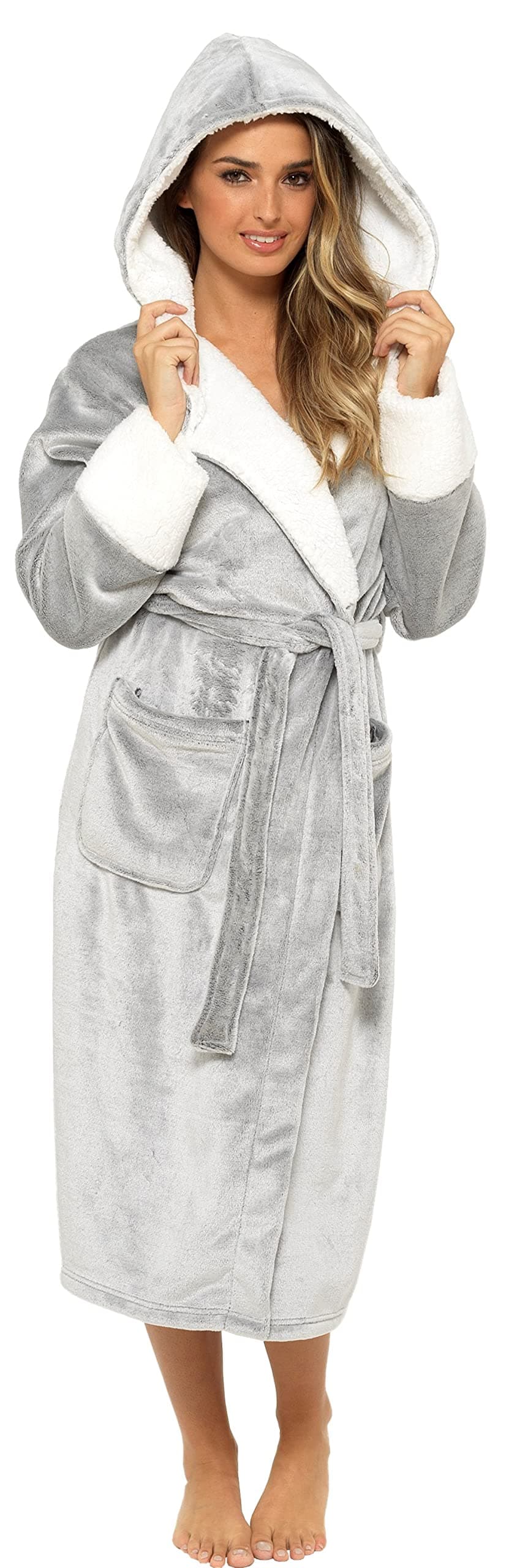 KATE MORGAN Ladies Dressing Gown Fluffy Super Soft Hooded Bathrobe for Women Plush Fleece Perfect Loungewear Long Robe | Gifts for Women