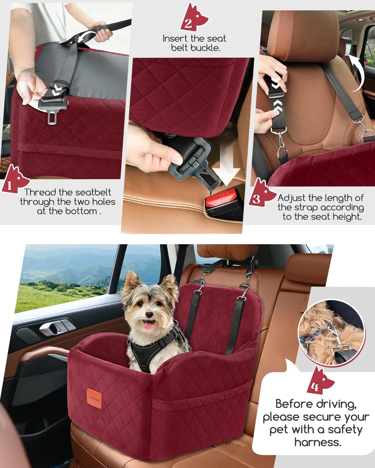 Lealchum Dog Booster Car Seat for Small Dogs,Puppy Portable Car Seat with Elevated Buttom,Fully Detachable and Washable Pet Cars Seat with Storage Pockets,Easy to Install (Red, Medium) — view 3