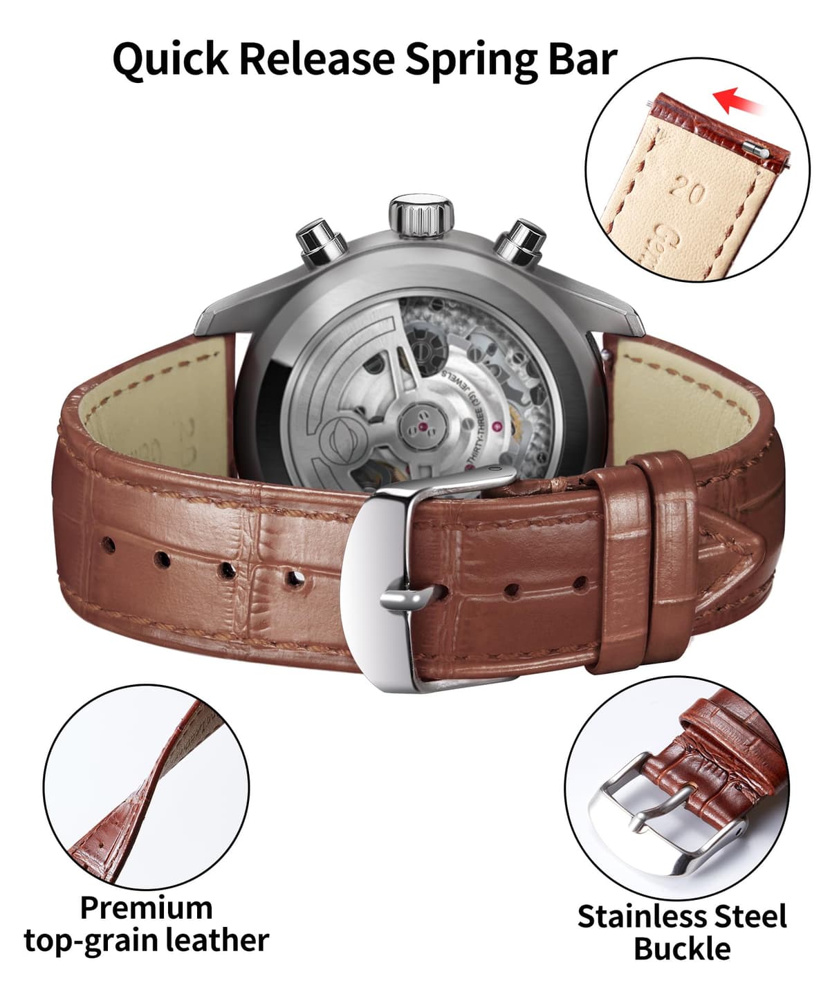 BINLUN Quick Release Leather Watch Straps Replacement Watch Bands Smart Watch Strap Crocodile Pattern in 10 Colors 13 Sizes with Silver/Gold/Rose-Gold Buckle for Men Women(10mm-24mm) — view 96