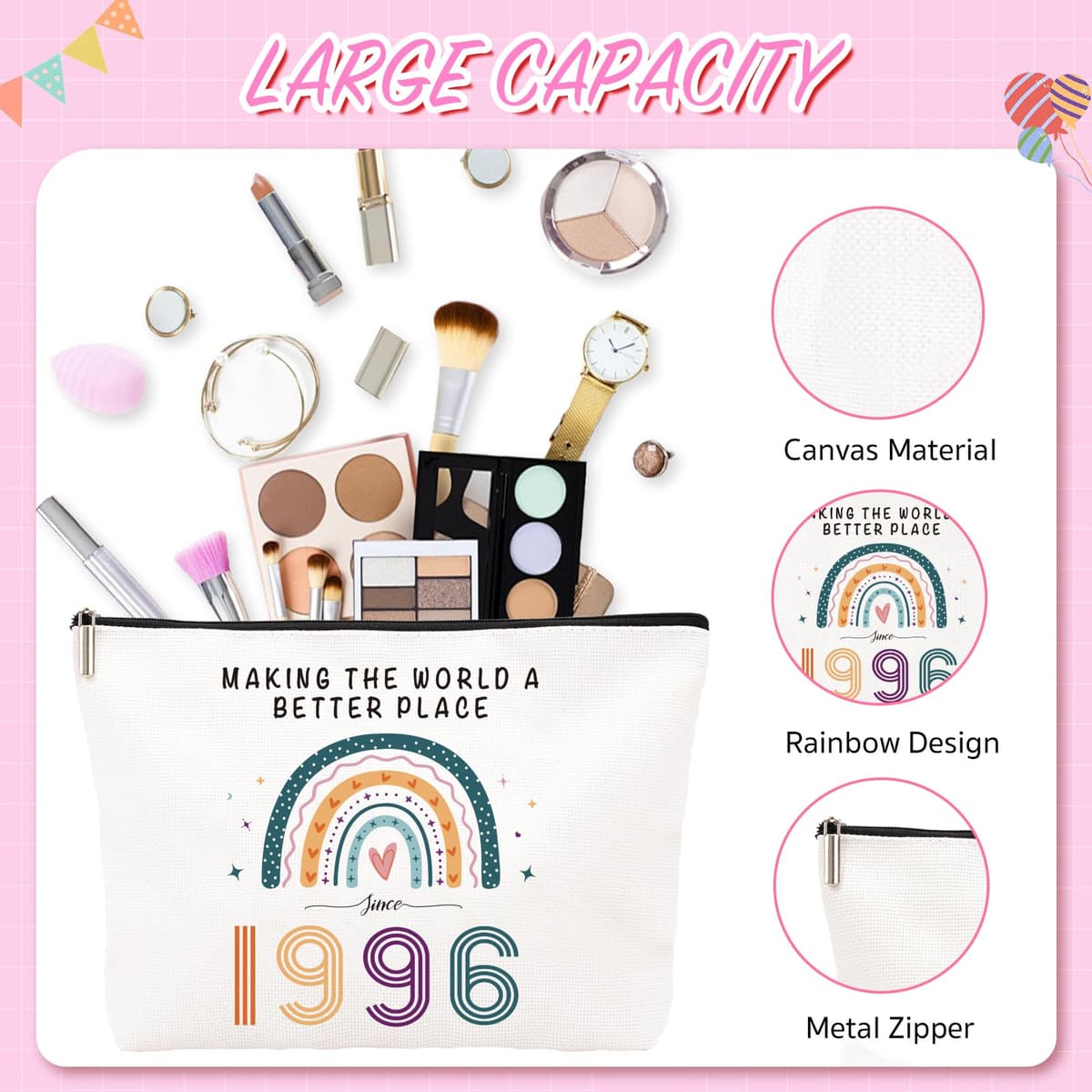 Funny 30th Birthday Gifts for Women – Retro Water-Resistant Makeup Bag, Personalized Socks & Inspirational Keychain, Cute 30th Birthday Gift Set for Bestie, Sister, Friend(1996) — view 3
