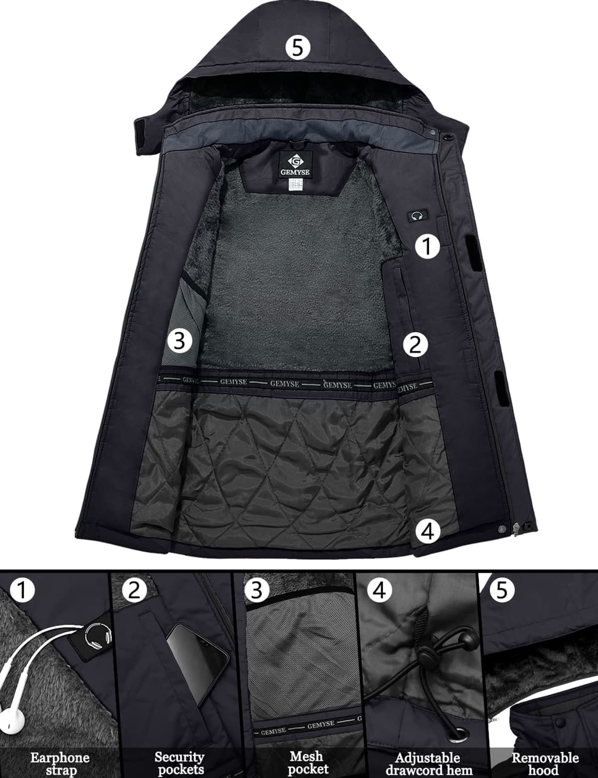 GEMYSE Chaqueta esquí hombre Chaqueta invierno cortaviento con capucha Chaqueta snowboard impermeable Chaqueta outdoor forrada Chaqueta funcional — view 6