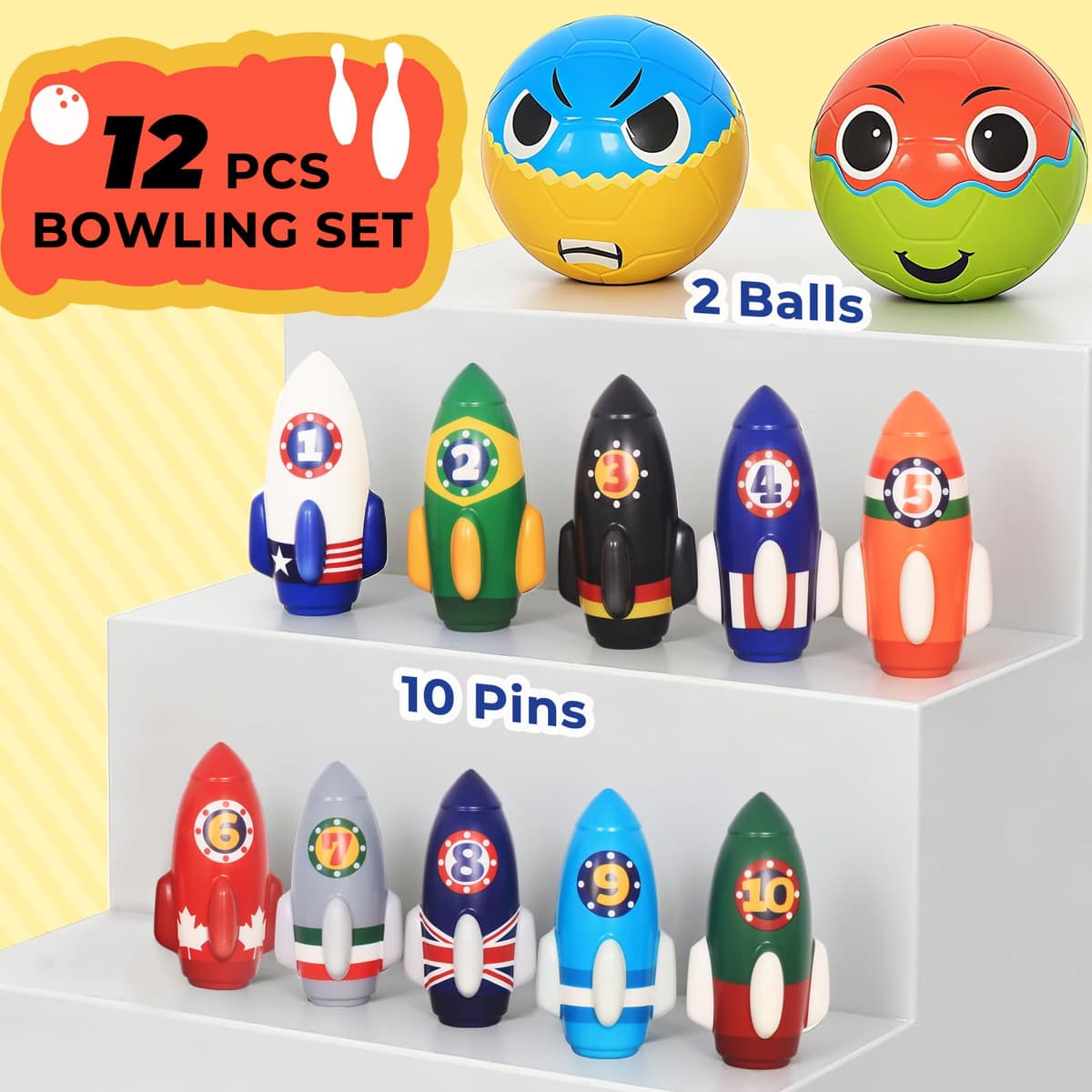 Nattork Rocket Children's Bowling Set - Bowling Set for Toddlers Indoor and Outdoor with 10 Foam Nails and 2 Balls, Educational Game for Kids 4-5 and 5-12 Years, Gift — view 5
