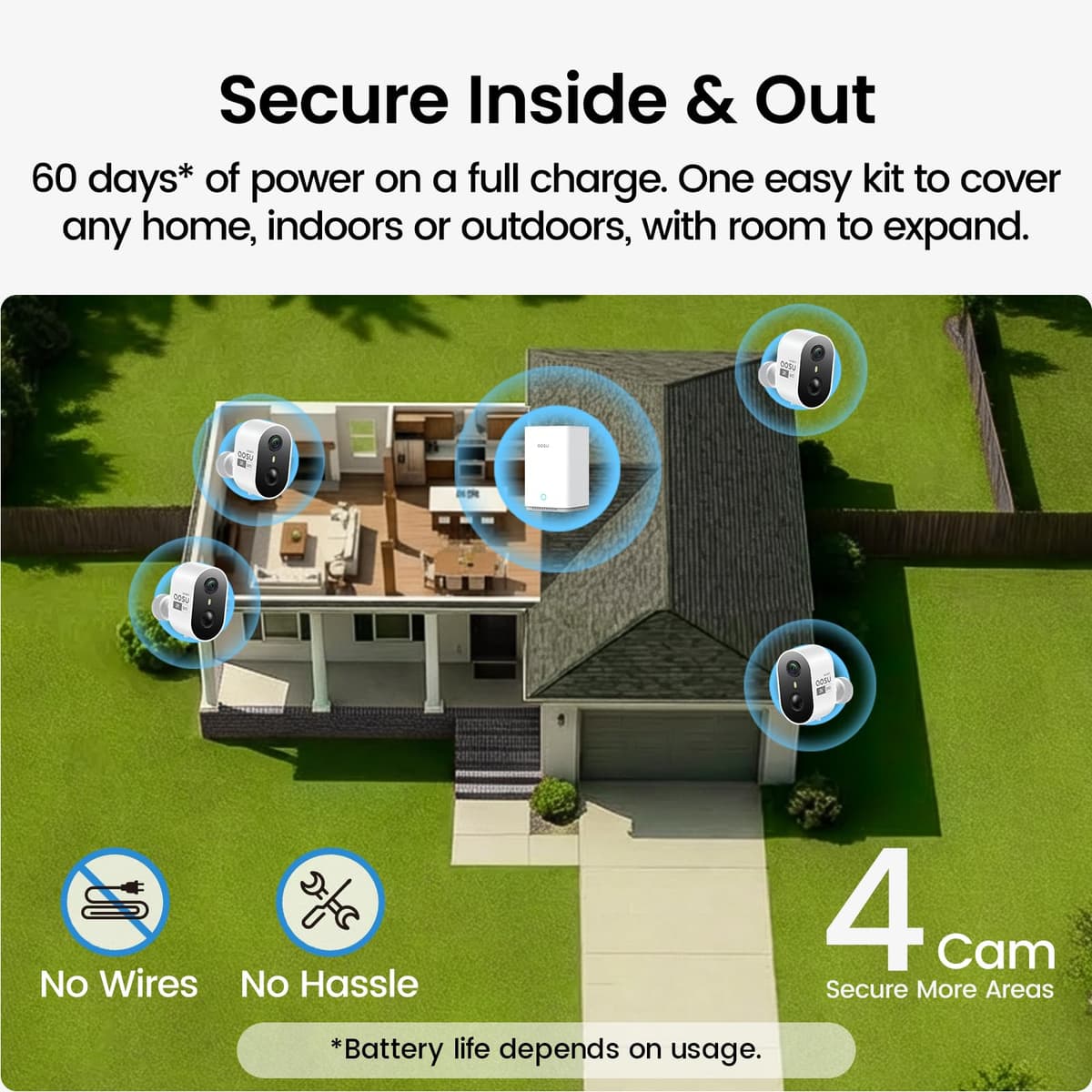 aosu Wireless Indoor/Outdoor Security Camera Kit with aosuBase Local Storage, 2K with 6X Zoom, 4-View Live, Cross-Camera Person Timeline, PIR + AI Human Detection, Color Night Vision, 4-Cam-Kit — view 3