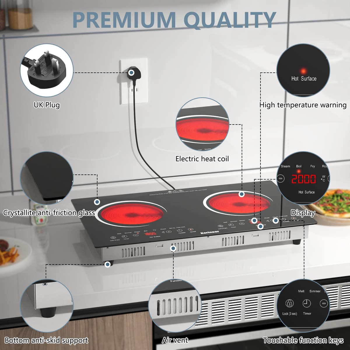 Karinear Double Ceramic Hob, Desktop Plug in 2 Zone Electric Ceramic Hob with LED Display, 4-Hour Timer, 9 Power up to 2800W, Safety Lock — view 2