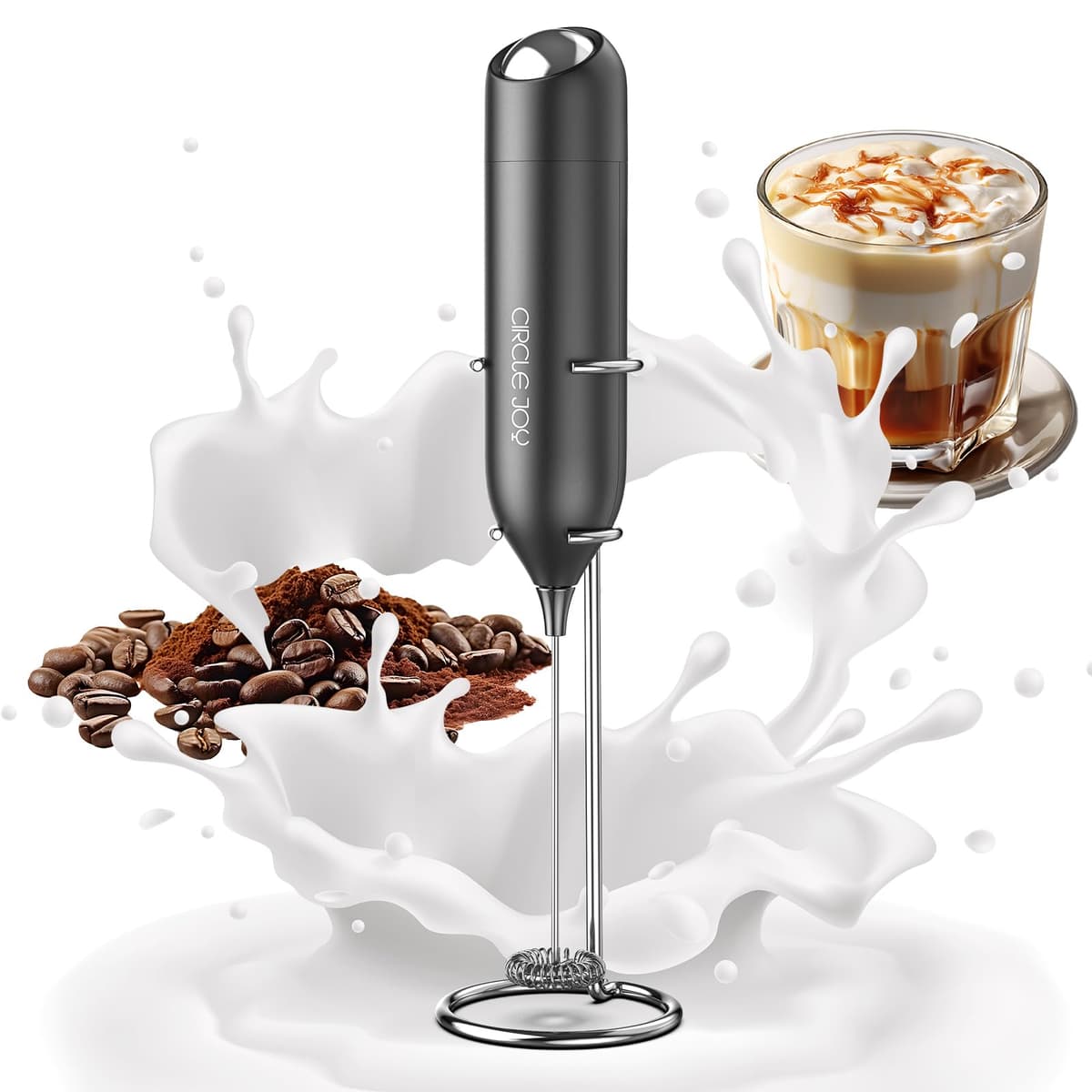 CIRCLE JOY Montalatte a Mano con Supporto, Frullino Montalatte Elettrico, a Batteria Mini Schiumatore per Latte, Cappuccino, Matcha, Regalo da Cucina, Nero