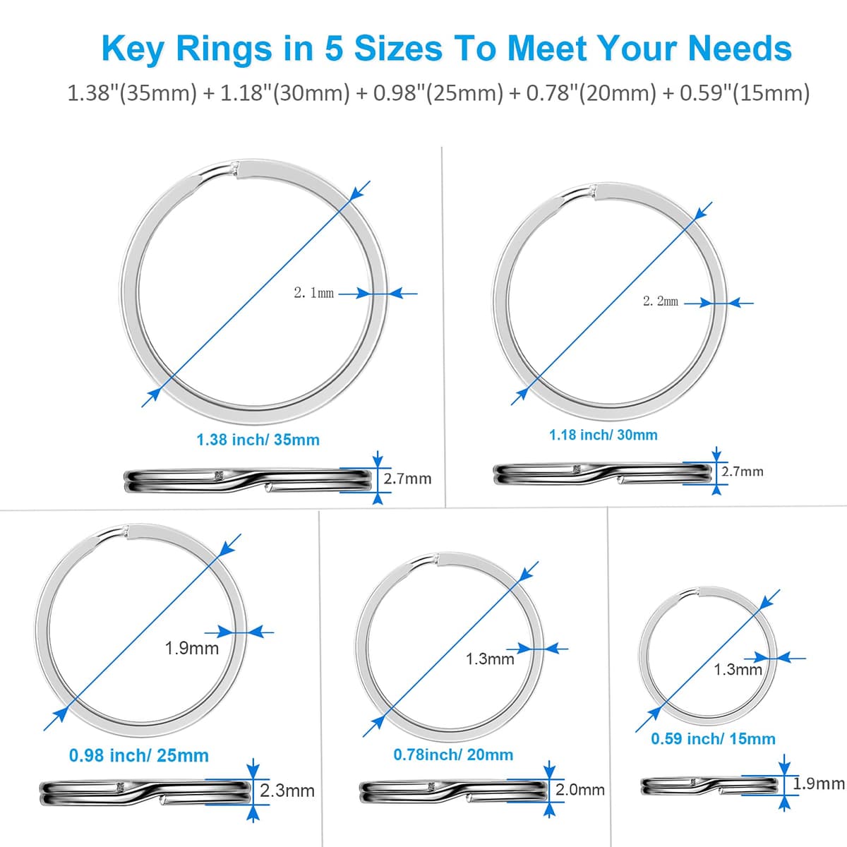 YHYZ Key Rings Assortment, Split Key Ring Loops in 5 Sizes (1/2 inch, 3/4 inch, 1 inch, 1.18 inch, Large 1.37 inch) for Key Chain Dog Pet Collar Tag DIY Craft Car Key — view 2