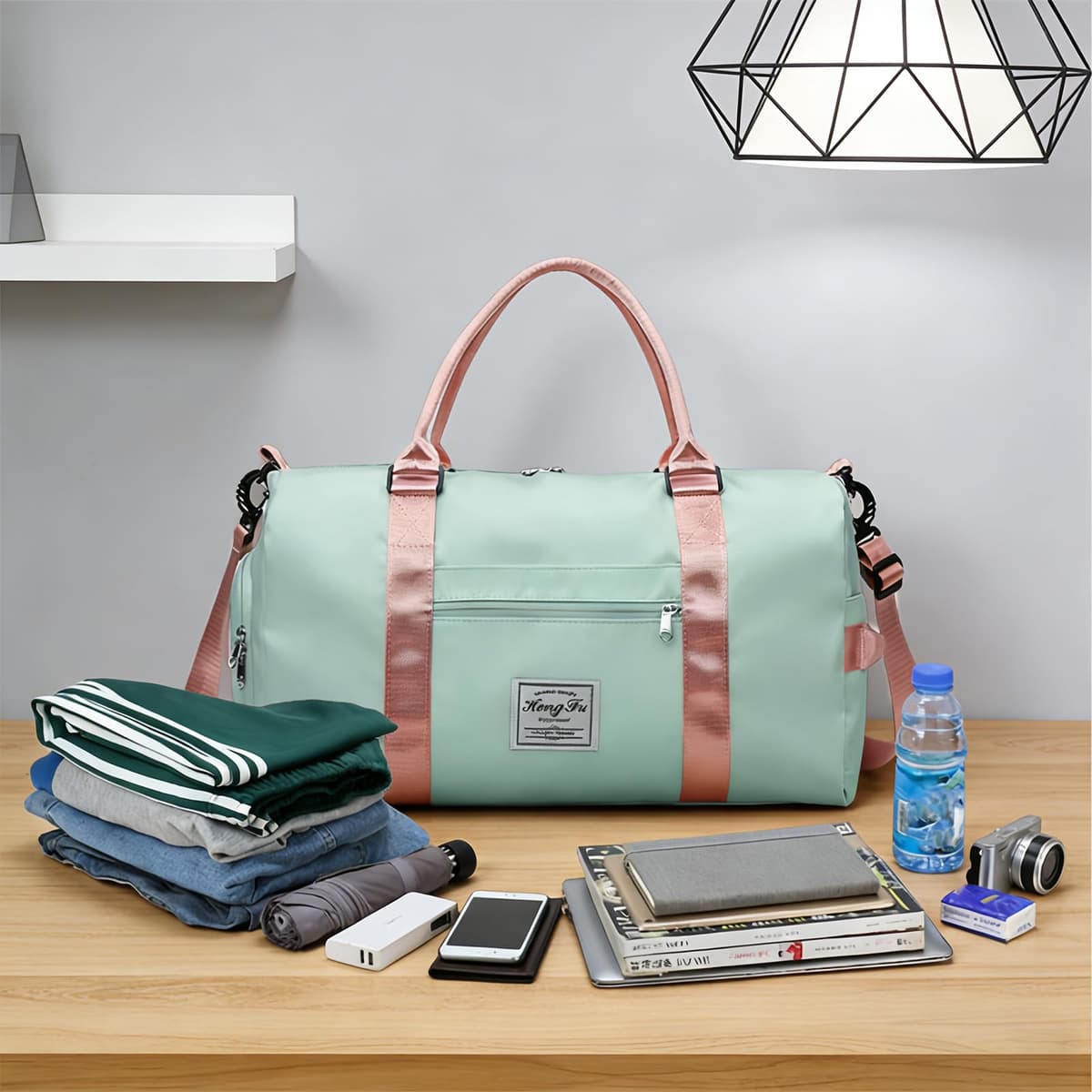 Bolsa Deporte, Verde y Rosa Bolsas Deporte Mujer, Separación para Ropa Seca y Mojada Bolsa Gimnasio Hombre, con Compartimento para Zapatos, para Fitness, Camping — view 5