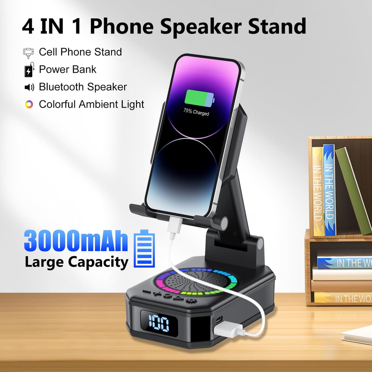 Altavoz Bluetooth Pequeño, Altavoz Portátil Bluetooth con Soporte para Móvil, Base Antideslizante, Sonido Envolvente HD, Recargable, Regalo Original para Hombre Mujer, Compatible con iOS y Android — view 3