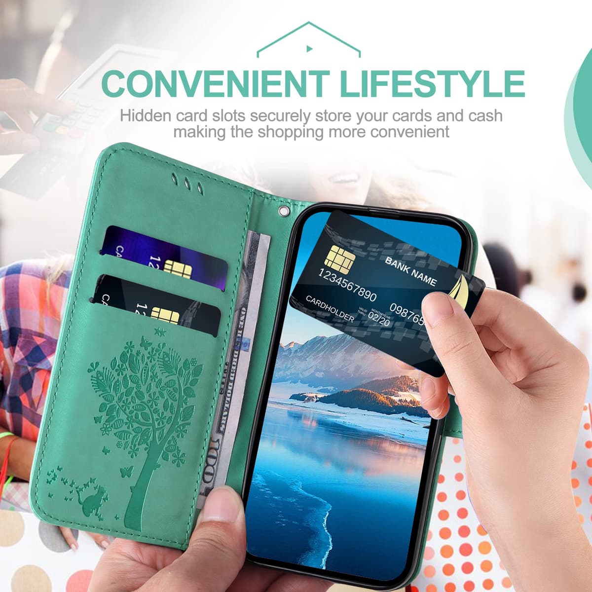 Funda para Xiaomi Redmi 9A / Redmi 9AT, Funda Tapa Libro Movil de Cuero PU, Ranura para Tarjeta Plegable Billetera Carcasa para Redmi 9A / Redmi 9AT (Menta Verde) — view 4