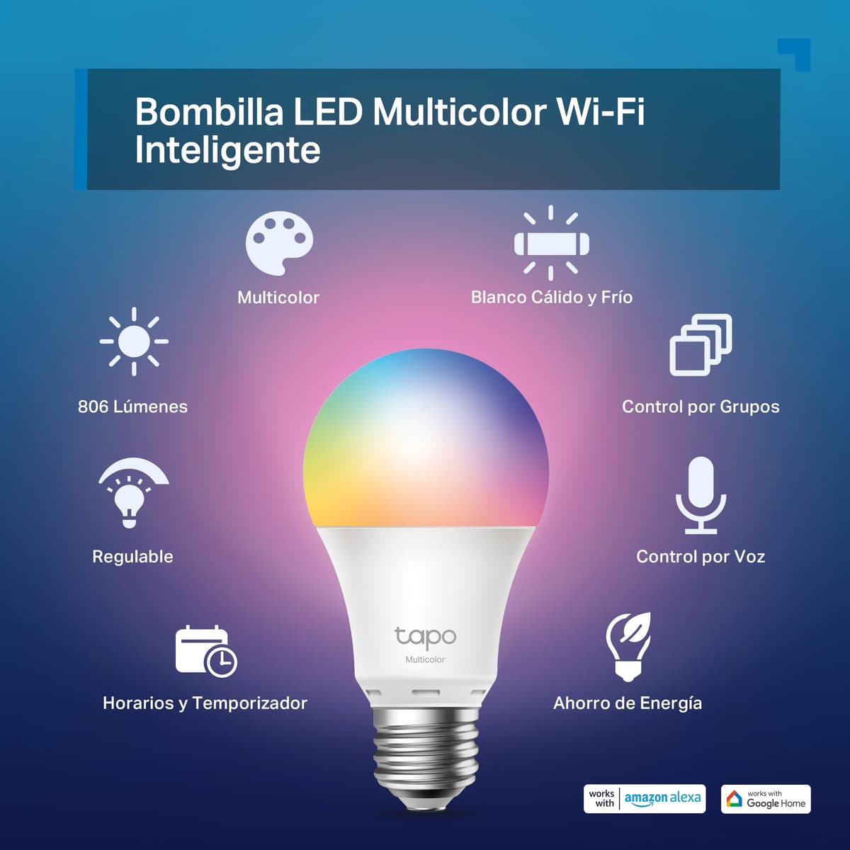 Tapo L530E – Bombilla LED inteligente Wi-Fi, multicolor, regulable, casquillo E27, 8.3W, 806 lúmenes, compatible con Alexa y Google Home, paquete de 2 (paquete de 1) — view 2
