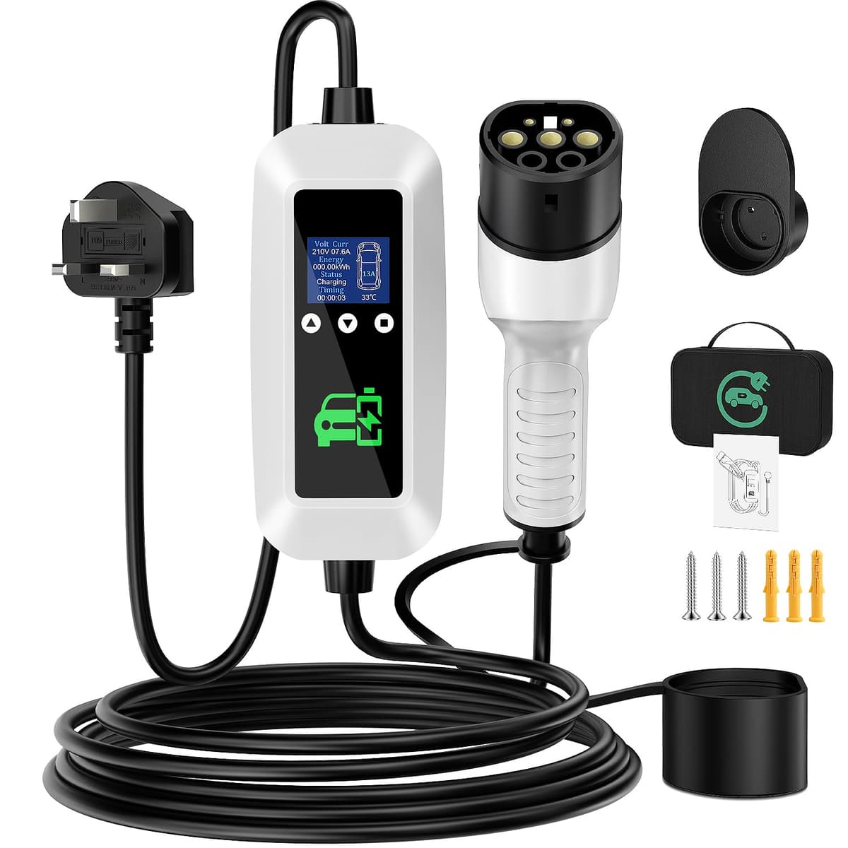 FNITAER EV Charger Cable Type 2 to 3 Pin Plug 2.99kw, 6M, 8/10/13A, Adjustable Current EV Charger,With LED Screen Timing Delay IP66/IP65, With Carry Bag and Type 2 EV Cable Holder for EVs and PHEVs