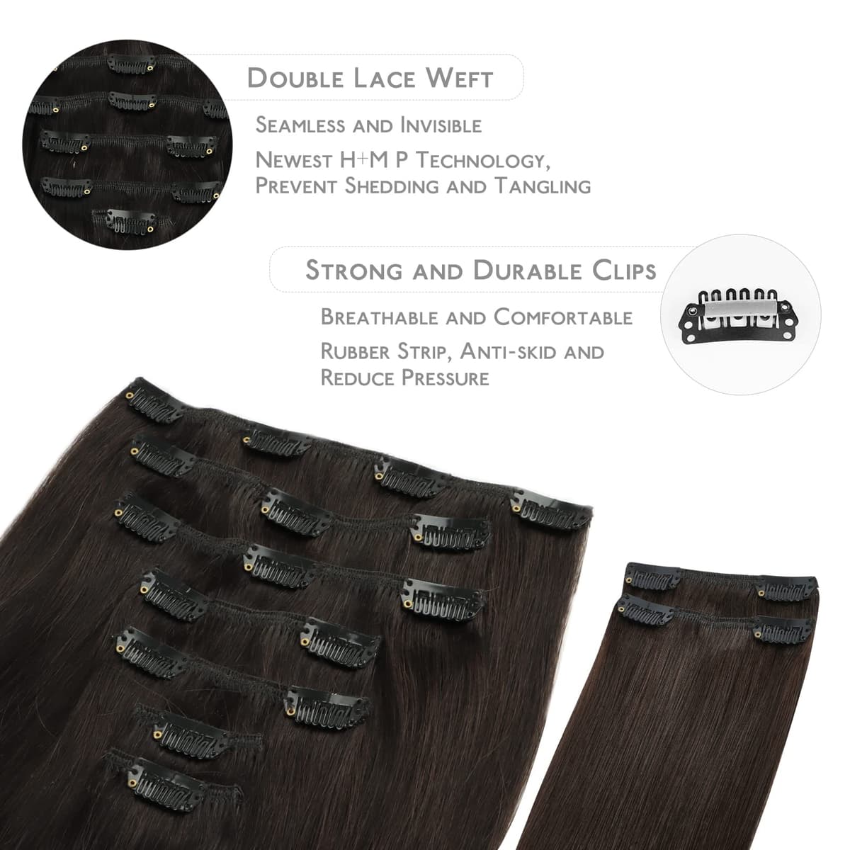 WENNALIFE Extensiones de Clip de Pelo Natural, Castaño Oscuro 150g 50cm 9 Piezas Extensiones Pelo Natural Remy Cabello Humano Extensiones Pelo Natural Clip Double Weft Extensiones de Clip — view 3