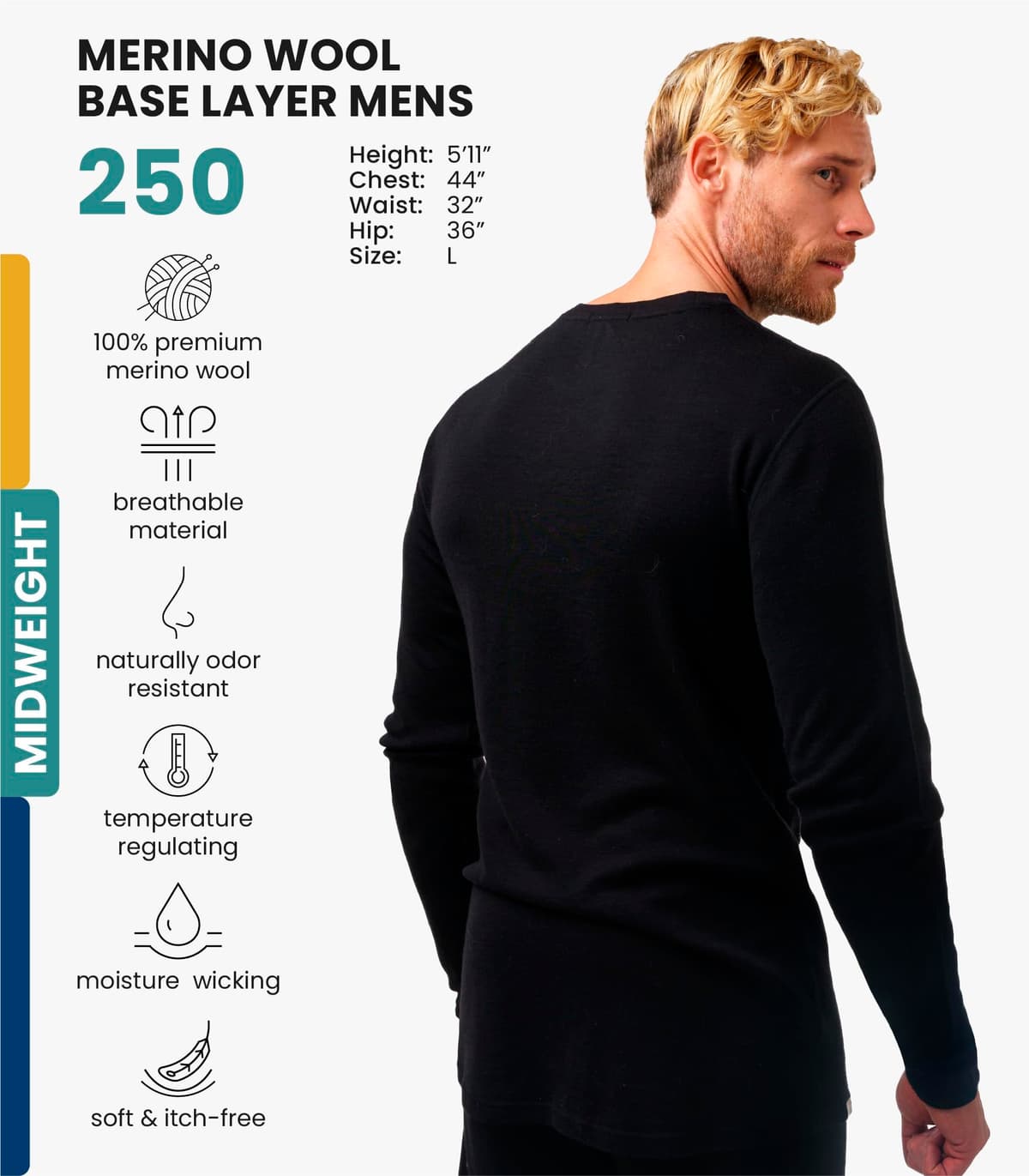 Merino.tech Merino Wool Base Layer - Mens 100% Merino Wool Long Sleeve Thermal Shirts Heavyweight, Midweight, Lite with Socks — view 2