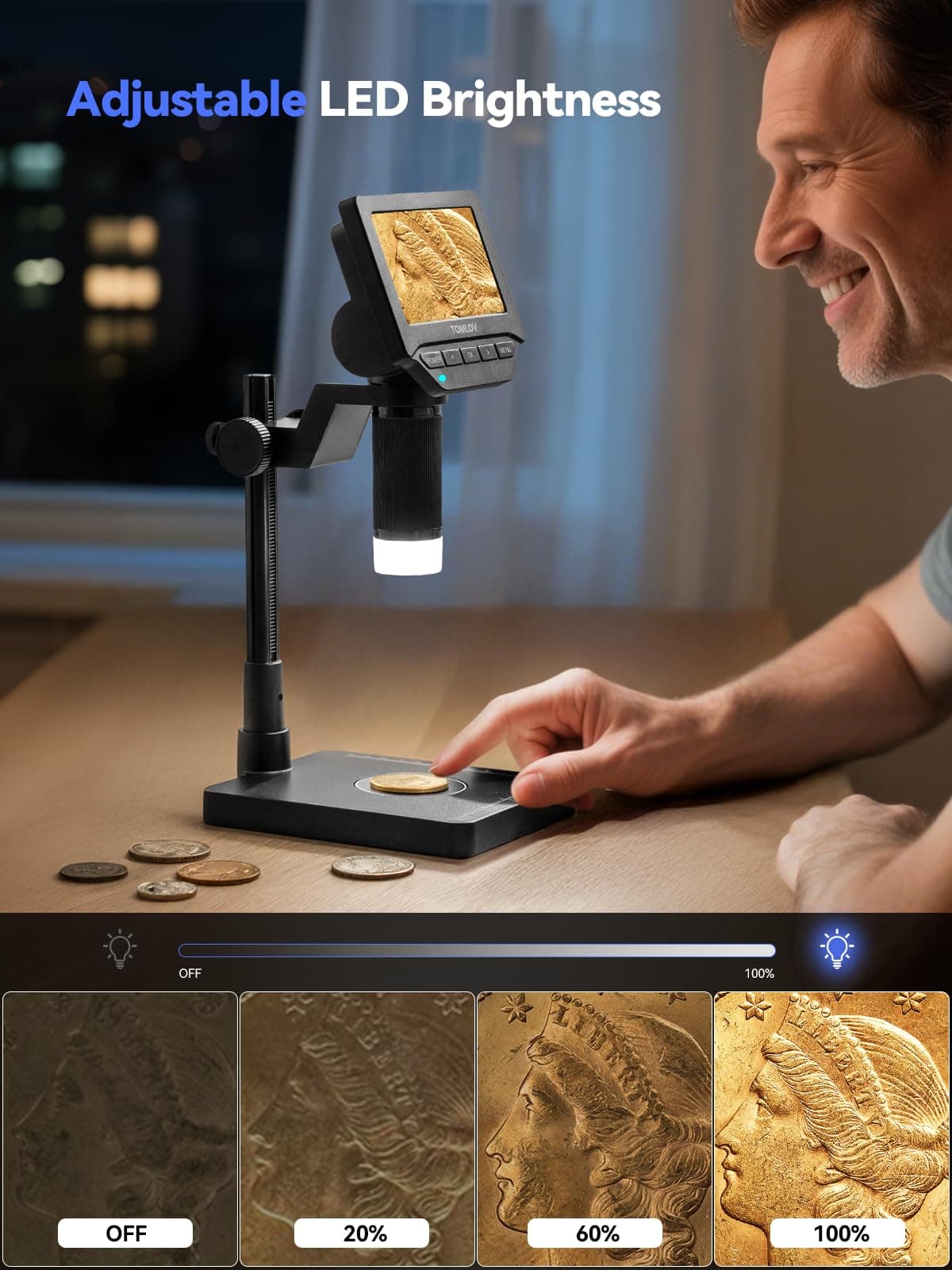 TOMLOV DM4W Digital Microscope with Scale: Coin Microscope with 4.3" IPS Screen, Coin Magnifier with Light, Precise Scale for Collectors, Jewelers, Compatible PC/Mac — view 8