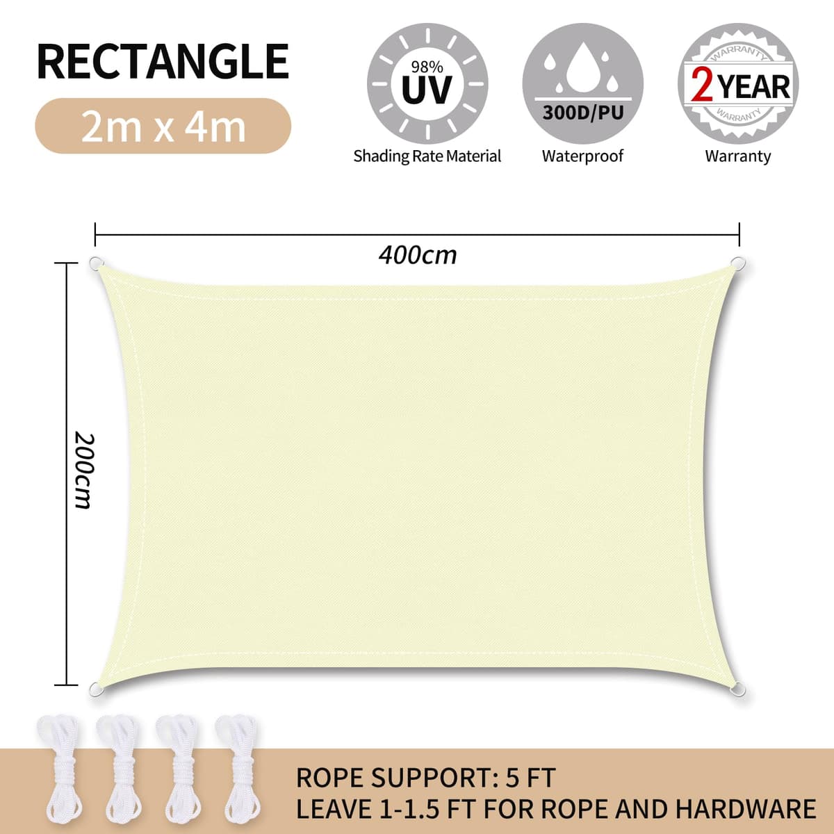 RICHIE Sun Shade Sail Rectangle 2m x 4m Waterproof, 98% UV Block Awnings for Patios with Free Rope, Sunscreen Awning Canopy, Rectangular Garden Shelter for Outdoor Garden Patio Yard Lawn Party, Beige — view 3