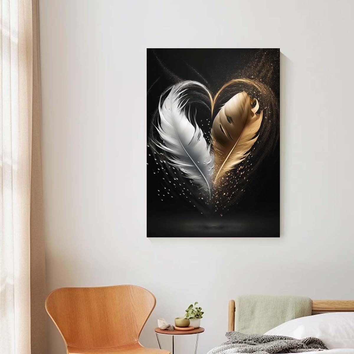 Qiukoo Framed Canvas Wall Art – Gold and Black Feather Heart Artwork, Waterproof Modern Print with Hook, Wall Decoration for Living Room or Bedroom, Elegant Pictures for Bedroom Walls – 12x16 Inch — view 4