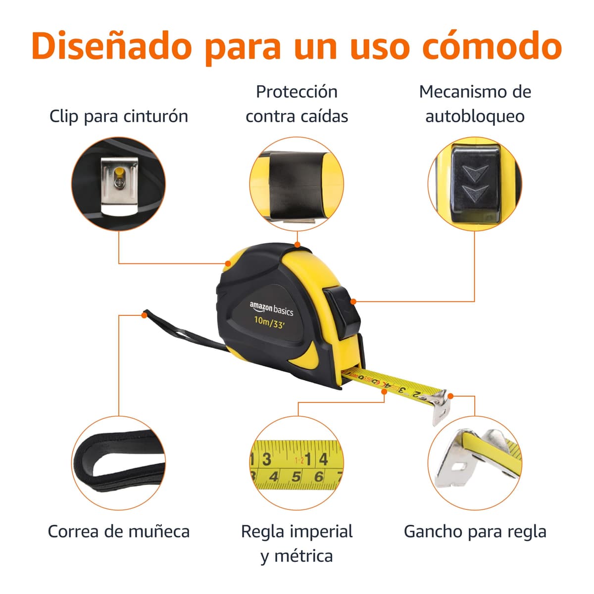 Amazon Basics Cinta métrica con cierre automático, escala y en pulgadas, precisión MID, 10 m (Paquete de 1), Negro, Amarillo — view 4
