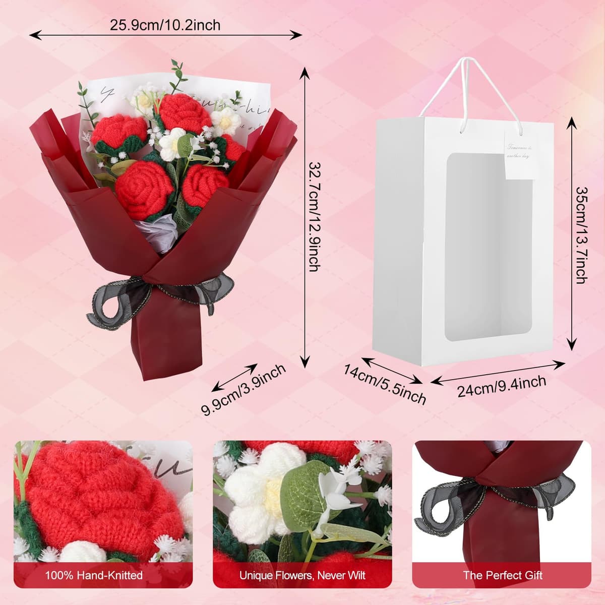 Foyucool Ramo de Flores de Ganchillo, Ramo Terminado Hecho a Mano con Bolsa de Regalo, Manualidad para Adultos, para Bodas, Día de la Madre, Día del Maestro y San Valentín, Rosa Roja — view 2