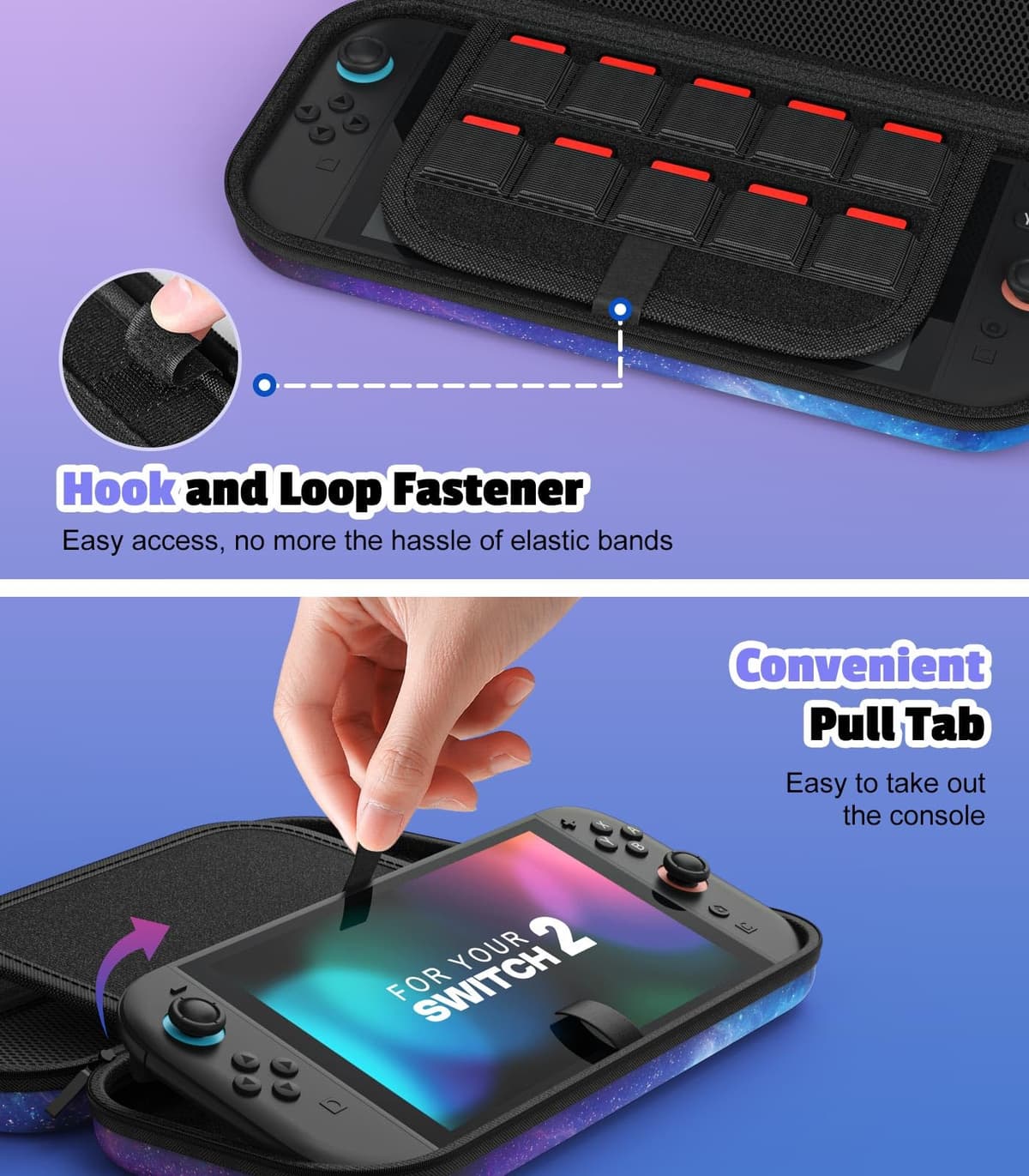 MoKo Carrying Case for Nintendo Switch 2(2025), Protective Hard Shell Portable Travel Carry Case Pouch Holds 10 Cartridges with Pockets for Switch 2 Accessories and Games, Starry Sky — view 5