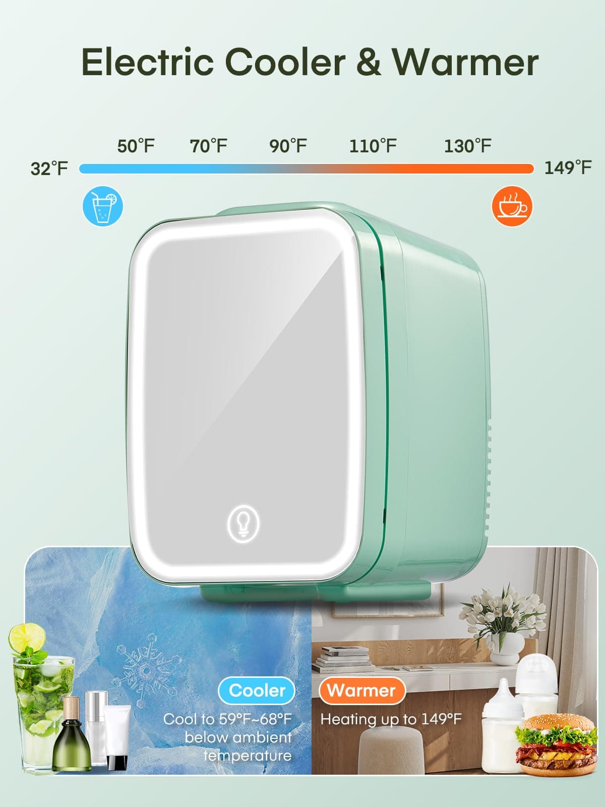 FOHERE Mini Fridge for Bedrooms, 5L/6 Can Portable Skincare Fridge with Dimmable LED Light Mirror, Cooler & Warmer for Food, Drinks and Cosmetic (Green) — view 5