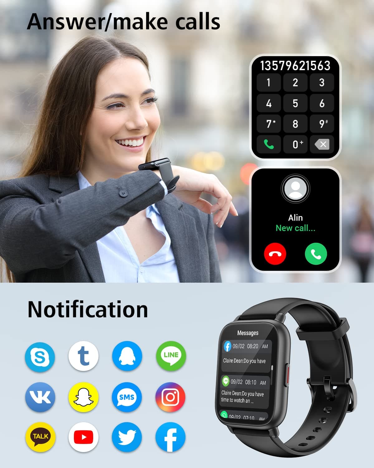RUIMEN Smart Watch Answer Dial Call,Smart Watches for Women Men HD Touch Screen Fitness watch with SpO2-Monitor Heart Rate Sleep Monitor Pedometer Watch Multi Sports Mode for Android iOS — view 3