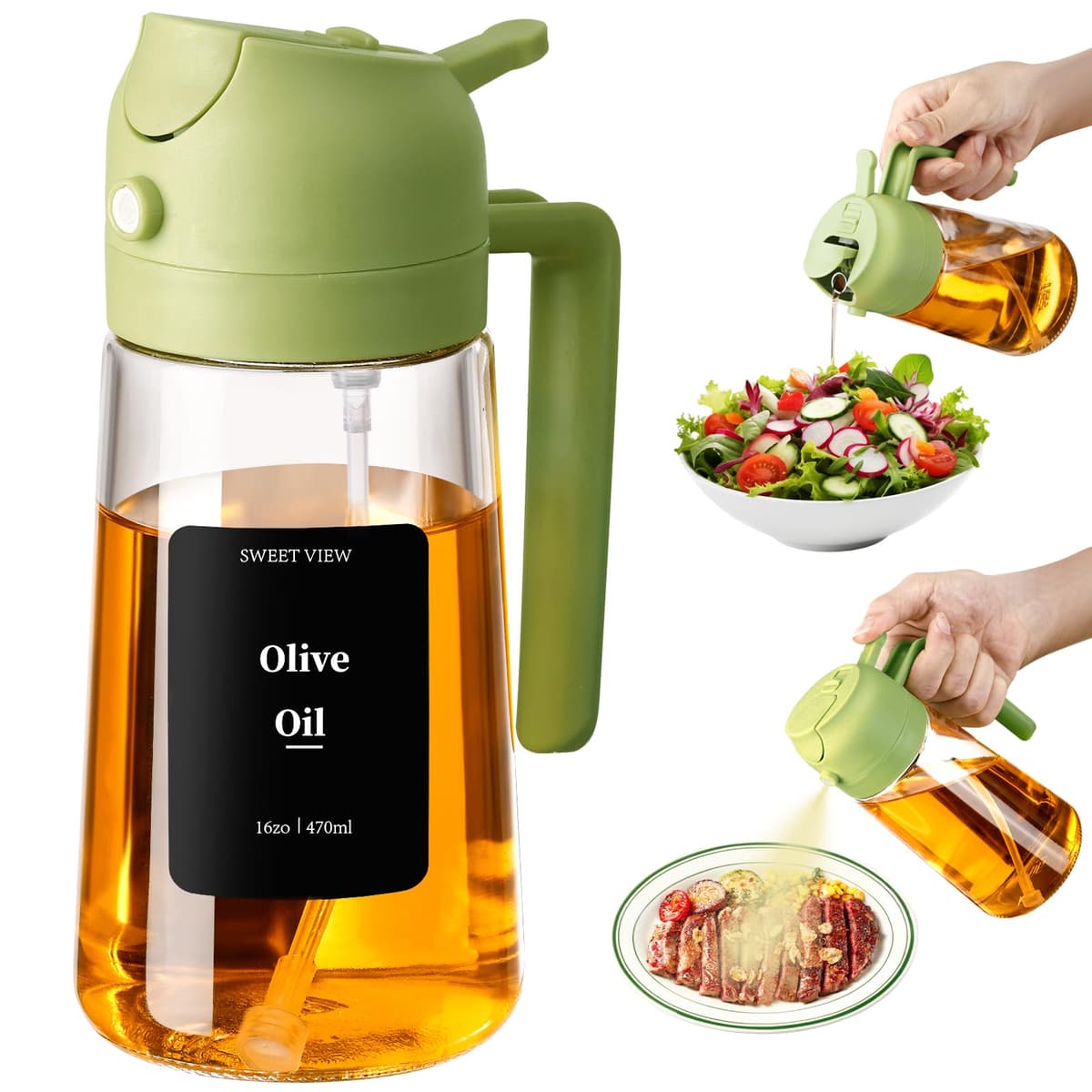 SWEET VIEW 470ml 2 en 1 Dispensador de Aceite y Pulverizador de Aceite, Vertedor Dispensador de Aceite de Oliva para, Cocina, Cocinar,Freidora de Aire,Ensalada, Barbacoa (Verde)