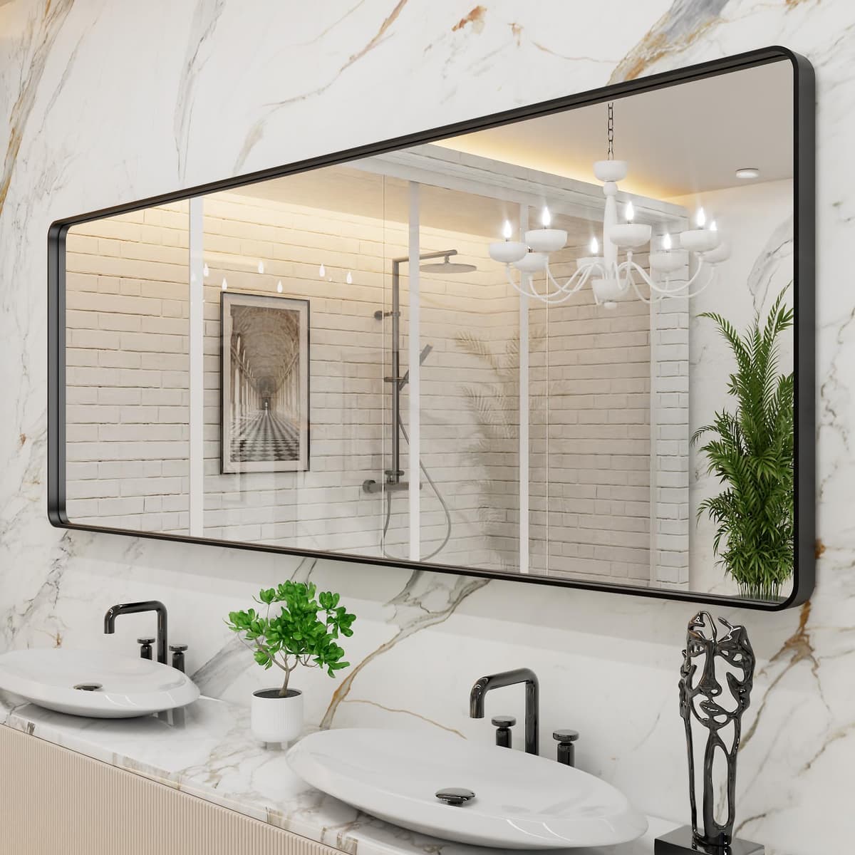 LOAAO 48”X36” Gold Bathroom Mirror, Rounded Rectangle Gold Frame Mirror, Brushed Gold Bathroom Vanity Mirror Wall-Mounted, Anti-Rust, Tempered Glass, Hangs Horizontally or Vertically — view 50