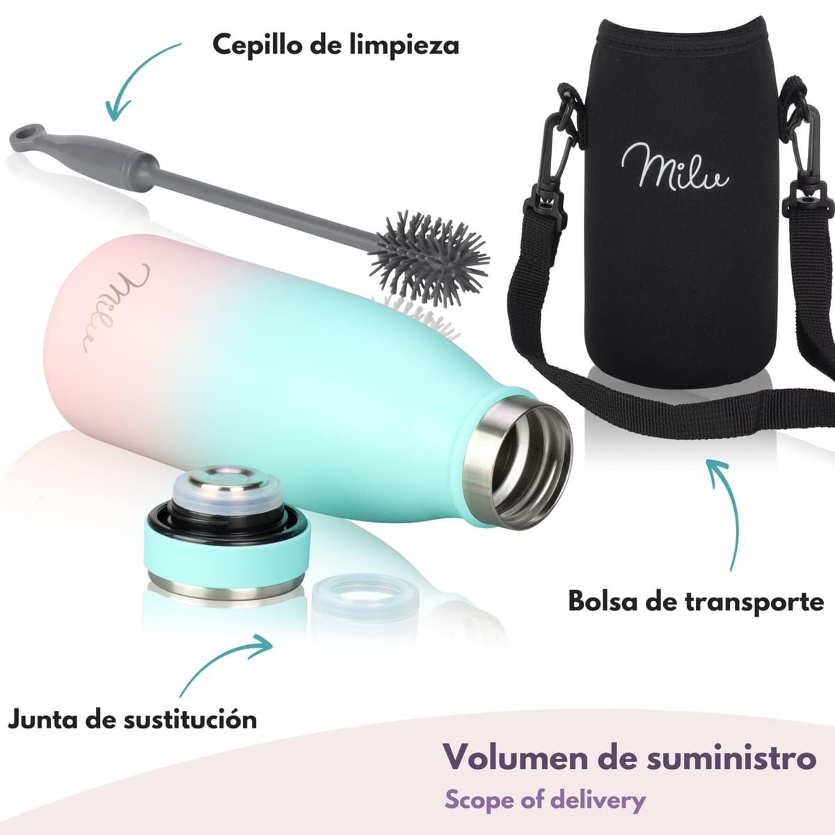 Milu Botella de acero inoxidable de 350ml 500ml 750 ml 1 L 1,5 L botella de agua aislada, termo a prueba de fugas, doble pared, apta para ácido carbónico + cepillo de limpieza (Azul Violeta, 350ml) — view 114