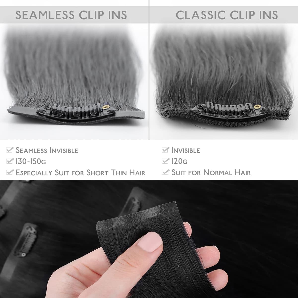 WENNALIFE Extensiones de Clip Seamless de Pelo natural, Negro Azabache 50cm 150g 7 Piezas Sin Costuras Extensiones Pelo Natural Clip Extensiones de Cabello Remy Humano Natural Invisible Clip In — view 3