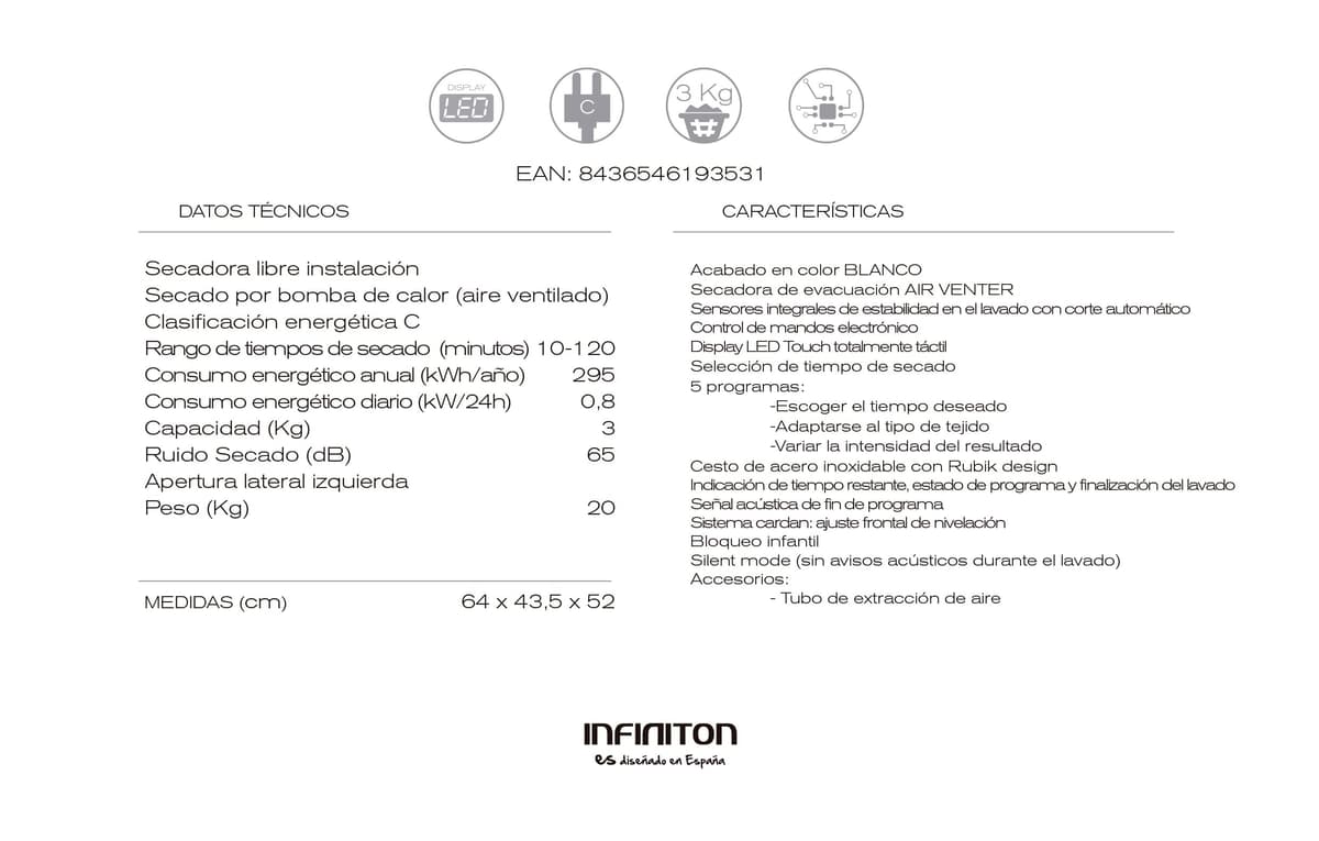 INFINITON | Secadora SD-3M | Evacuación | Capacidad 3Kg | Sensores LED | Funcion Anti-arrugas | Clase Energética C | 5 Programas |Bloqueo Infantil | — view 5