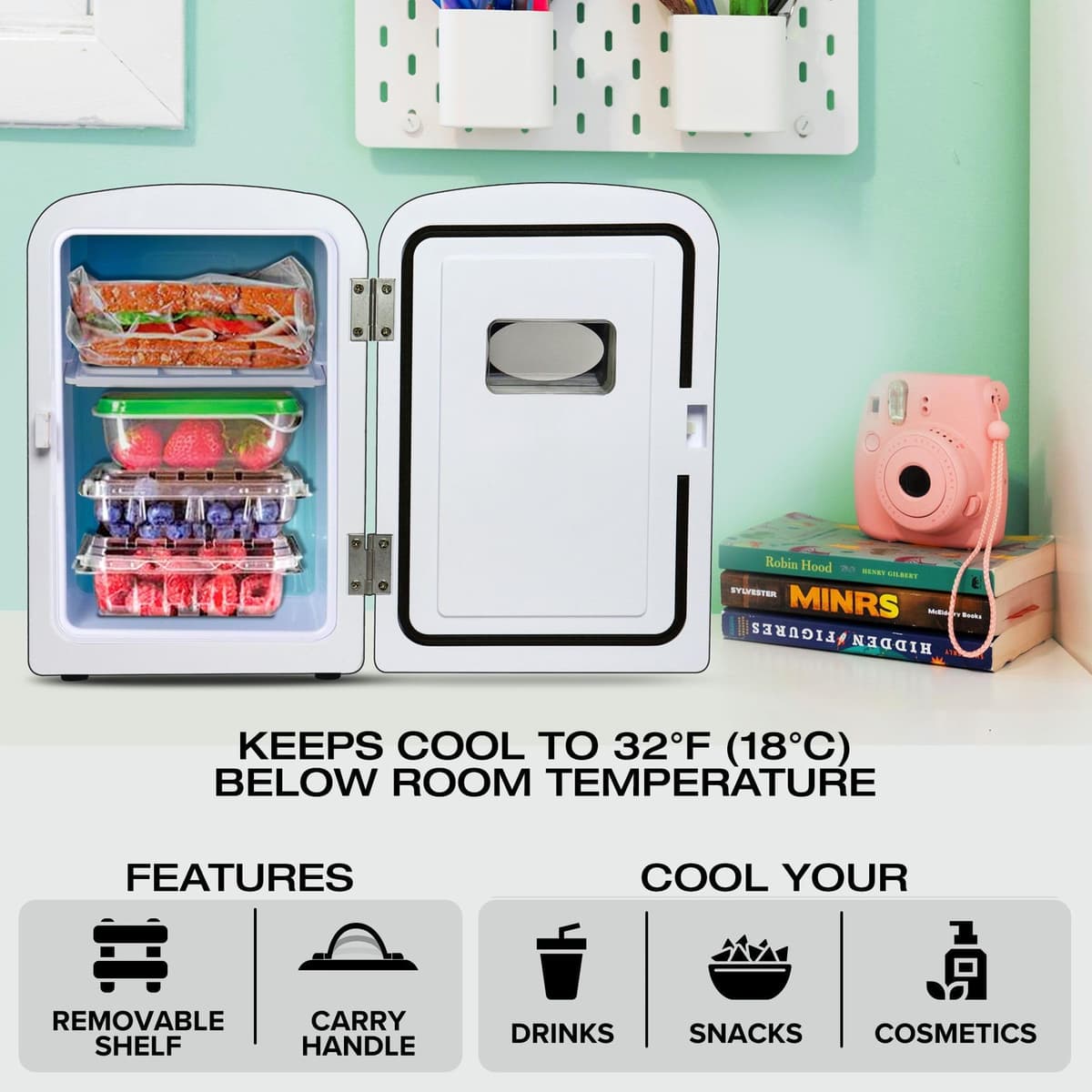 Koolatron Retro Mini Fridge For Bedrooms 12V Portable Cooler Refrigerator 4L Small 6 Can Table Top Quiet Mini Fridges For Skincare Food Drinks Kids Home Car & Travel Aqua — view 4