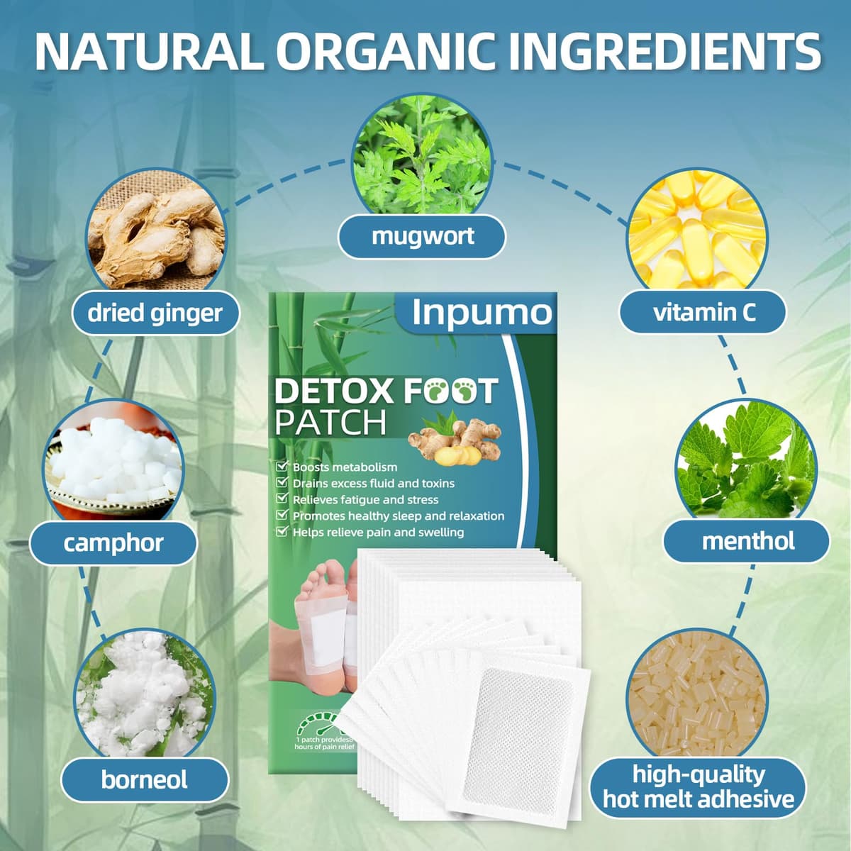 Inpumo Parches de desintoxicación para pies, almohadillas orgánicas naturales para eliminar toxinas, aliviar el estrés corporal, eliminar toxinas, limpieza profunda, mejorar la calidad del sueño — view 2