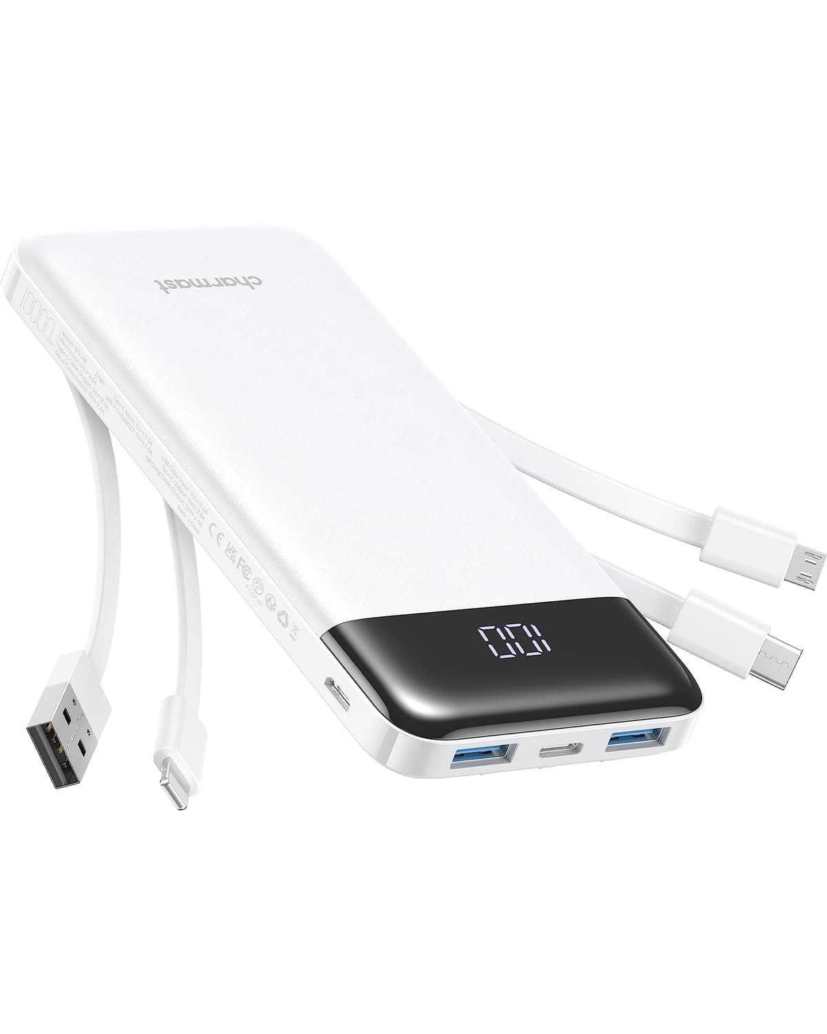 Charmast Power Bank with Built in Cables X 4, 10000mAh USB C Battery pack 6 Outputs 3 Inputs with LED Display Type C Powerbank Portable Charger Compatible with Smartphones Tablets and More — view 11