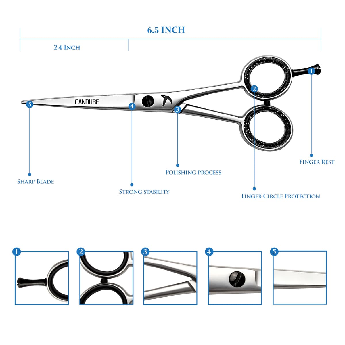 Candure Hairdressing Barber Hair Scissor for Professional 6.5 inch Hairdressers Barbers Stainless Steel Hair Cutting Shears - for Salon Barbers, Men, Women, Children and Adults (Japanese, 6.5") — view 3