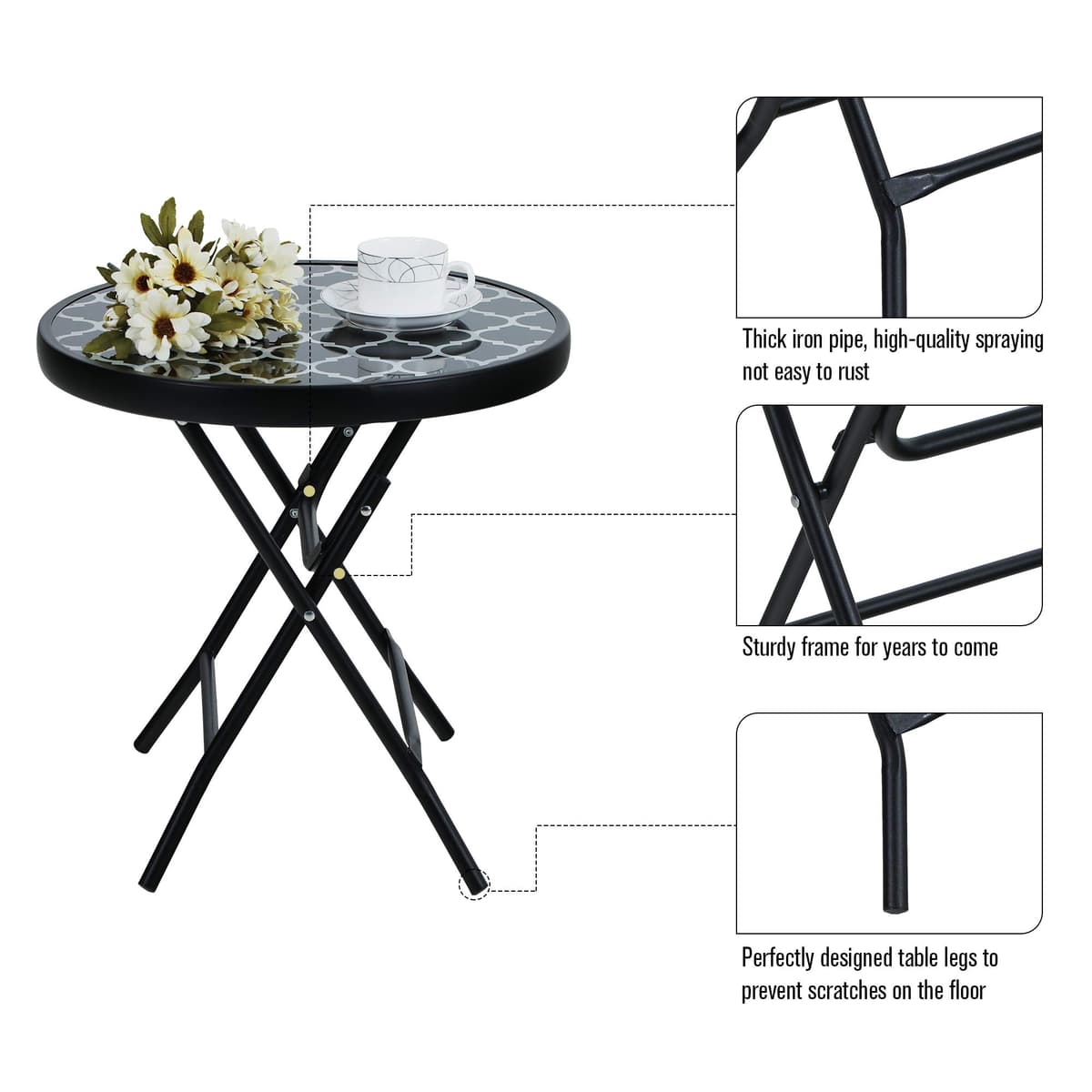 PHI VILLA Folding Side Table, Foldable Coffee Table, Outdoor Garden Table, Small Round Patio Table - Black Grid — view 6