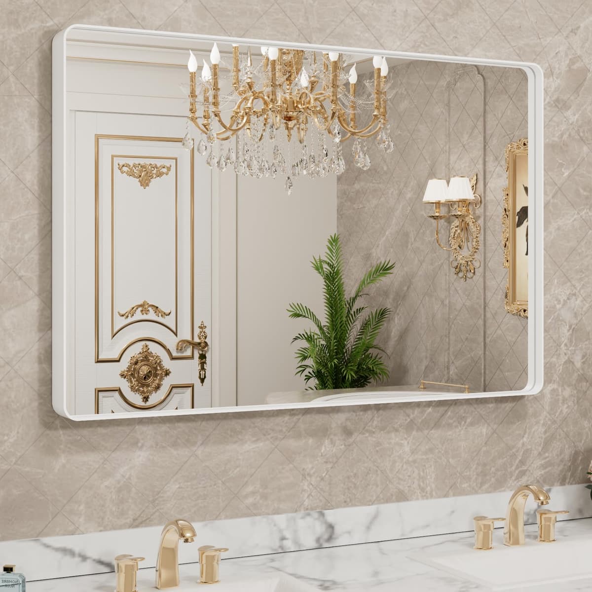 LOAAO 48”X36” Gold Bathroom Mirror, Rounded Rectangle Gold Frame Mirror, Brushed Gold Bathroom Vanity Mirror Wall-Mounted, Anti-Rust, Tempered Glass, Hangs Horizontally or Vertically — view 40