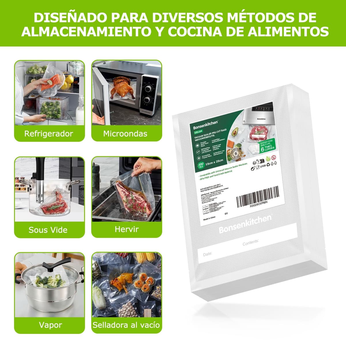 Bonsenkitchen Bolsas de vacío para alimentos 15x25 cm 100 Bolsas para Máquina de Vacío - Bolsas de vacío gofradas para almacenar y cocinar alimentos y hervibles, VB3204 — view 3