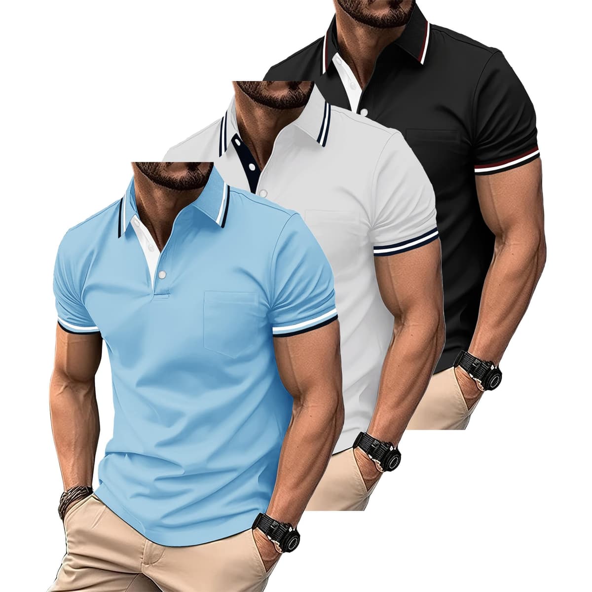 ZITY Polo para Hombre Paquete de 3 Polo Manga Corta Camiseta Golf Trabajo Transpirable Camiseta Informal con Bolsillo Verano Tres Piezas T Shirt para Vacaciones — view 11