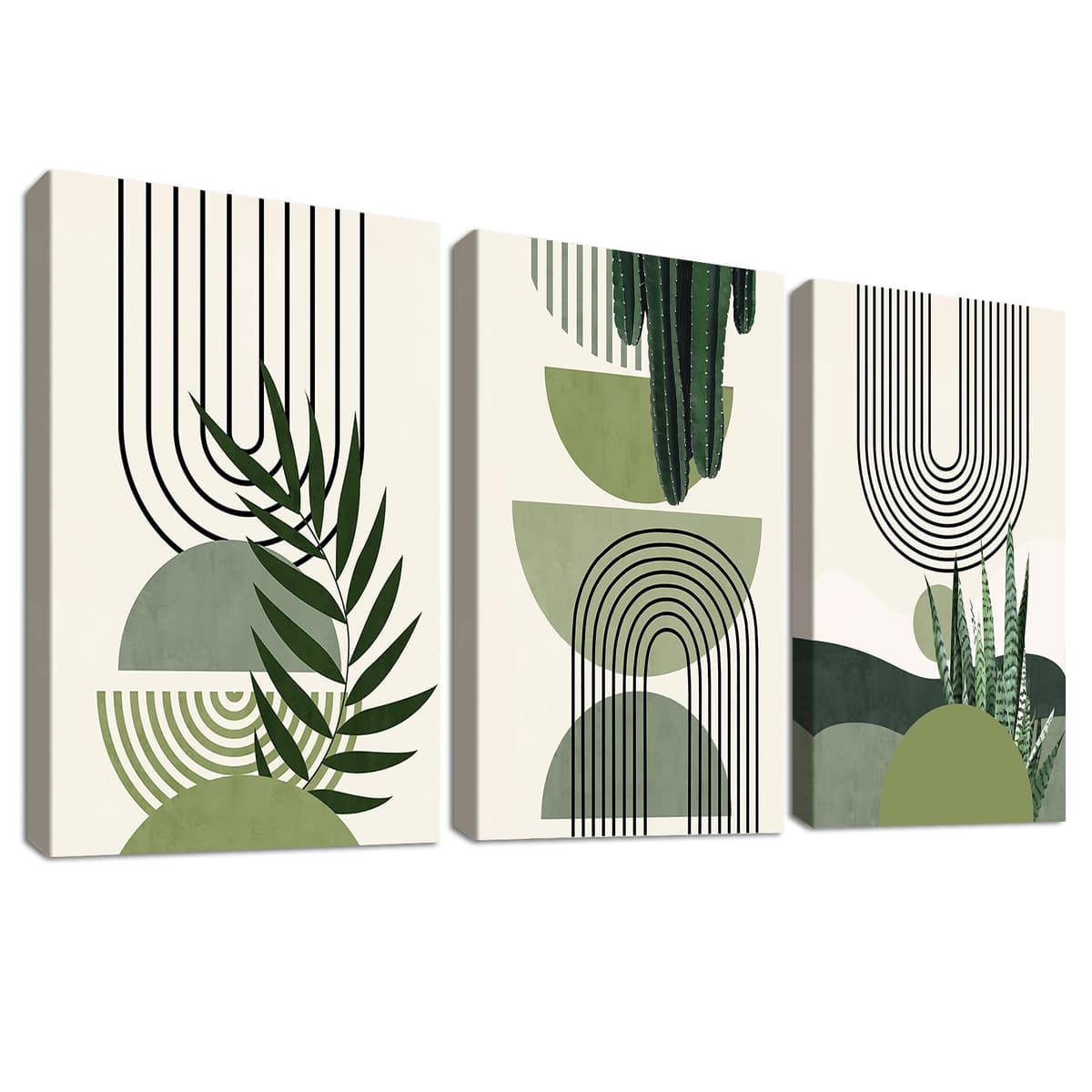 3 Pcs Wooden Framed Canvas Wall Art Set Bohemian Sage Green Canvas Prints Poster Geometric Line Beige Green Pictures for Living Room Bedroom Dinning Room Hallway Stairs Wall Decor 30x40cm x3pcs