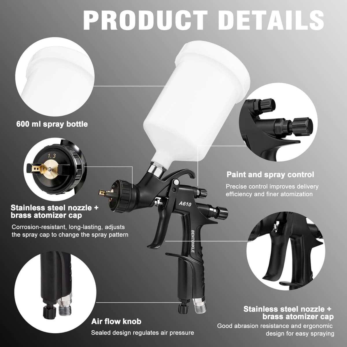 BENTOHKLE A610 LVLP Air Spray Gun with 1.3/1.5/1.7mm Nozzles& Air Gauge, R500 Automotive Paint Gun Sprayer for Car, House Painting, Industrial Coating — view 5