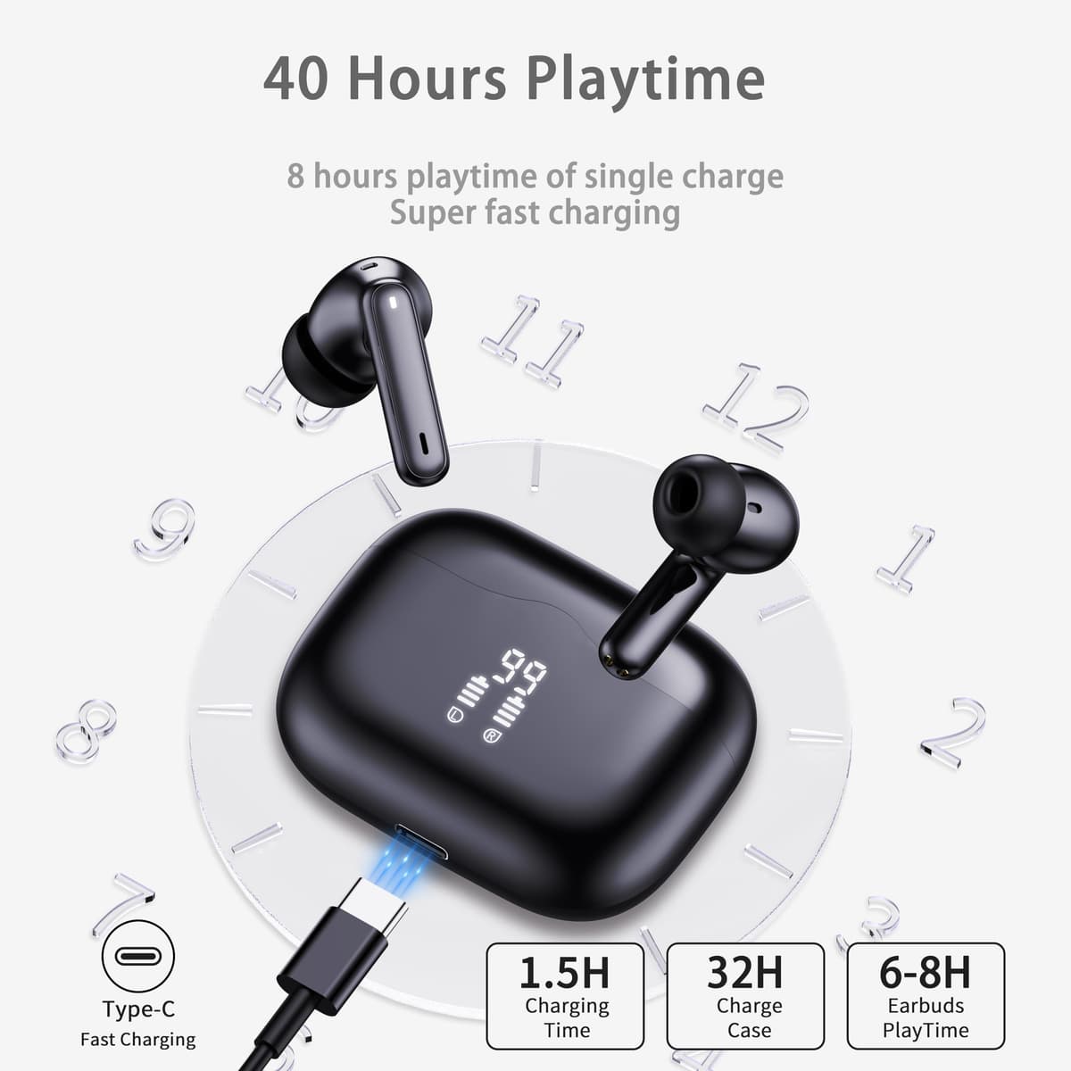 Wireless Earbuds, 2026 Bluetooth 5.4 Headphones in Ear with 4 ENC Noise Cancelling Mic, Wireless Earphones with HiFi Stereo, 40H Playtime, LED Display, Bluetooth Earbuds IP7 Waterproof, Light, USB-C — view 4