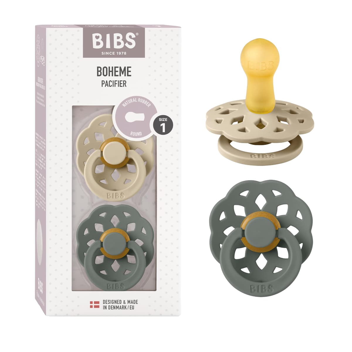 BIBS Boheme Soother 2-Pack. BPA Free. Round Nipple. Natural Rubber Latex, Made in Denmark. Size 2 (6-18 Months), Blossom/Dusky Lilac — view 18