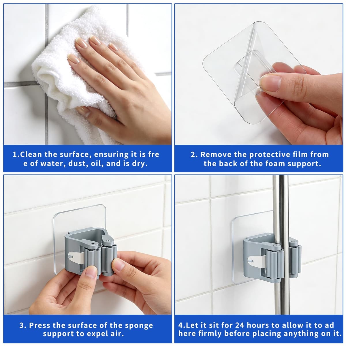 Soporte de pared para escoba, paquete de 4 soportes para fregona y escoba, de plástico, para pared, gris, organizador ahorrador de espacio para cocina, lavandería, garaje, jardín, fácil de instalar — view 3
