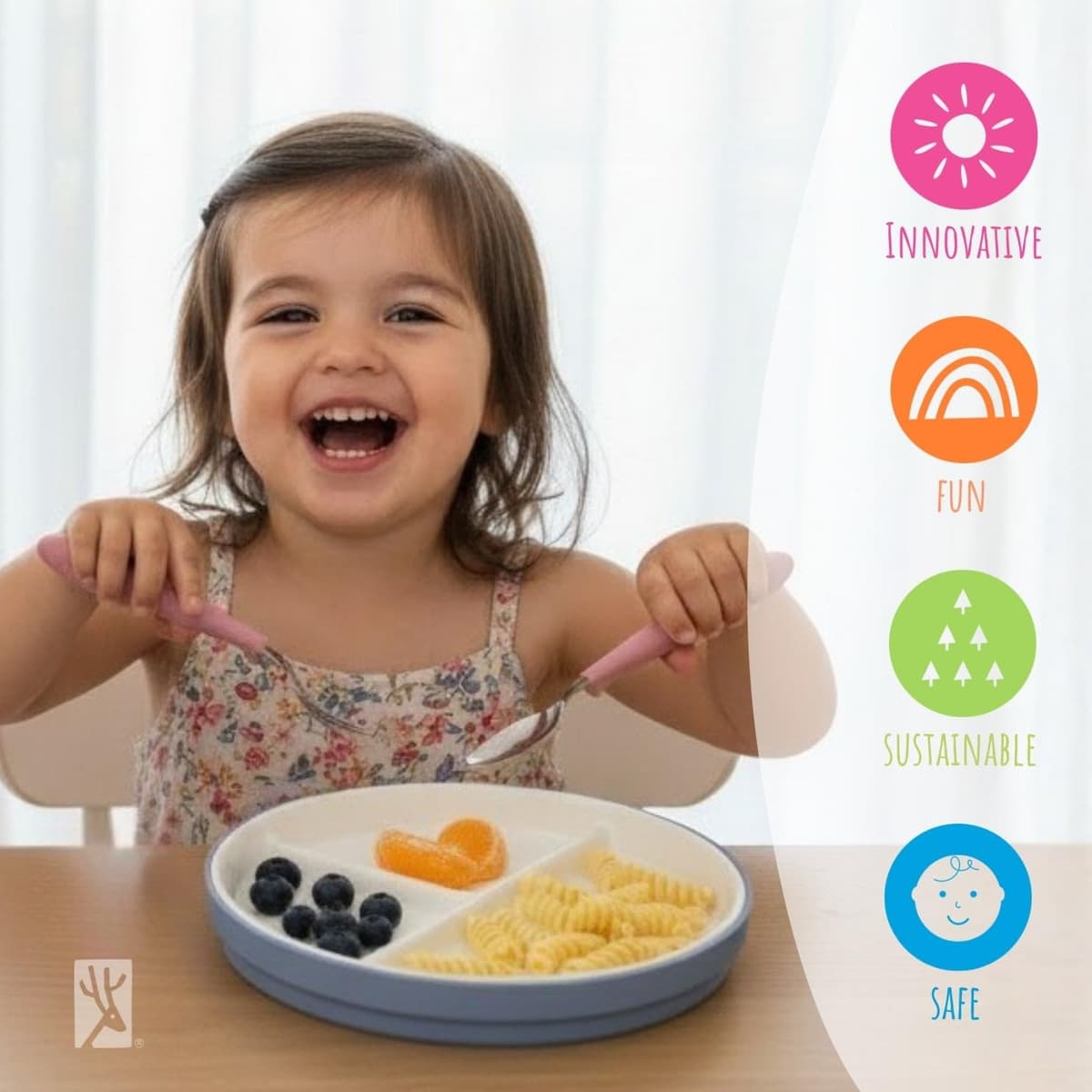 Elk and Friends Kids 6.7” Porcelain White Divided Plates with Silicone Sleeves | Suitable for Babies/Toddlers | Microwave & Dishwasher Safe | Non Slip Dinnerware | Snack Dishes | 4 Pack — view 8