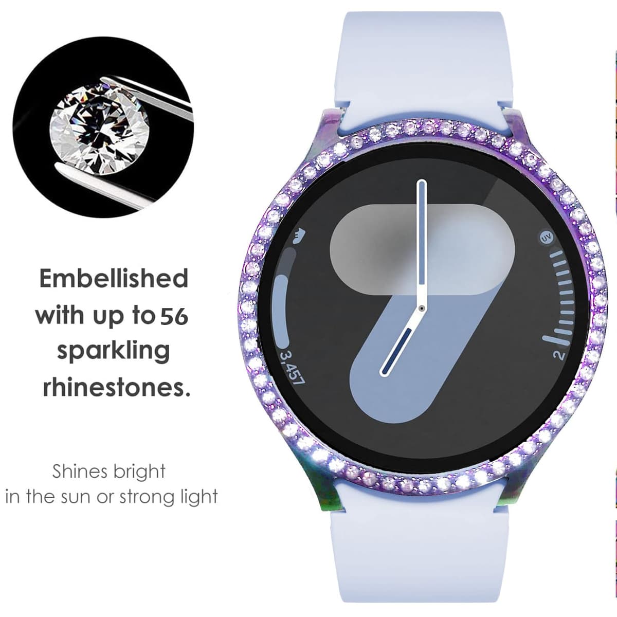 DEALELE [2-PACK] Case Compatible with Samsung Galaxy Watch 7 40mm, Bling Single-Row Diamond PC Protective Case Replacement Watch Cover Bumper (40mm, Rainbow+Transparent) — view 5