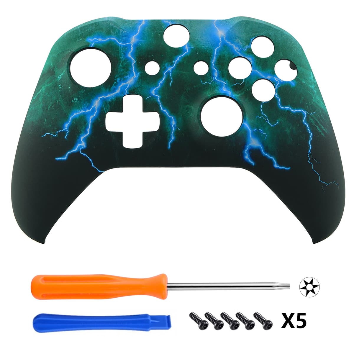 eXtremeRate Green Storm Thunder Patterned Front Housing Shell Case, Soft Touch Faceplate Cover Replacement Kit for Xbox One S & One X Controller (Model 1708) — view 3