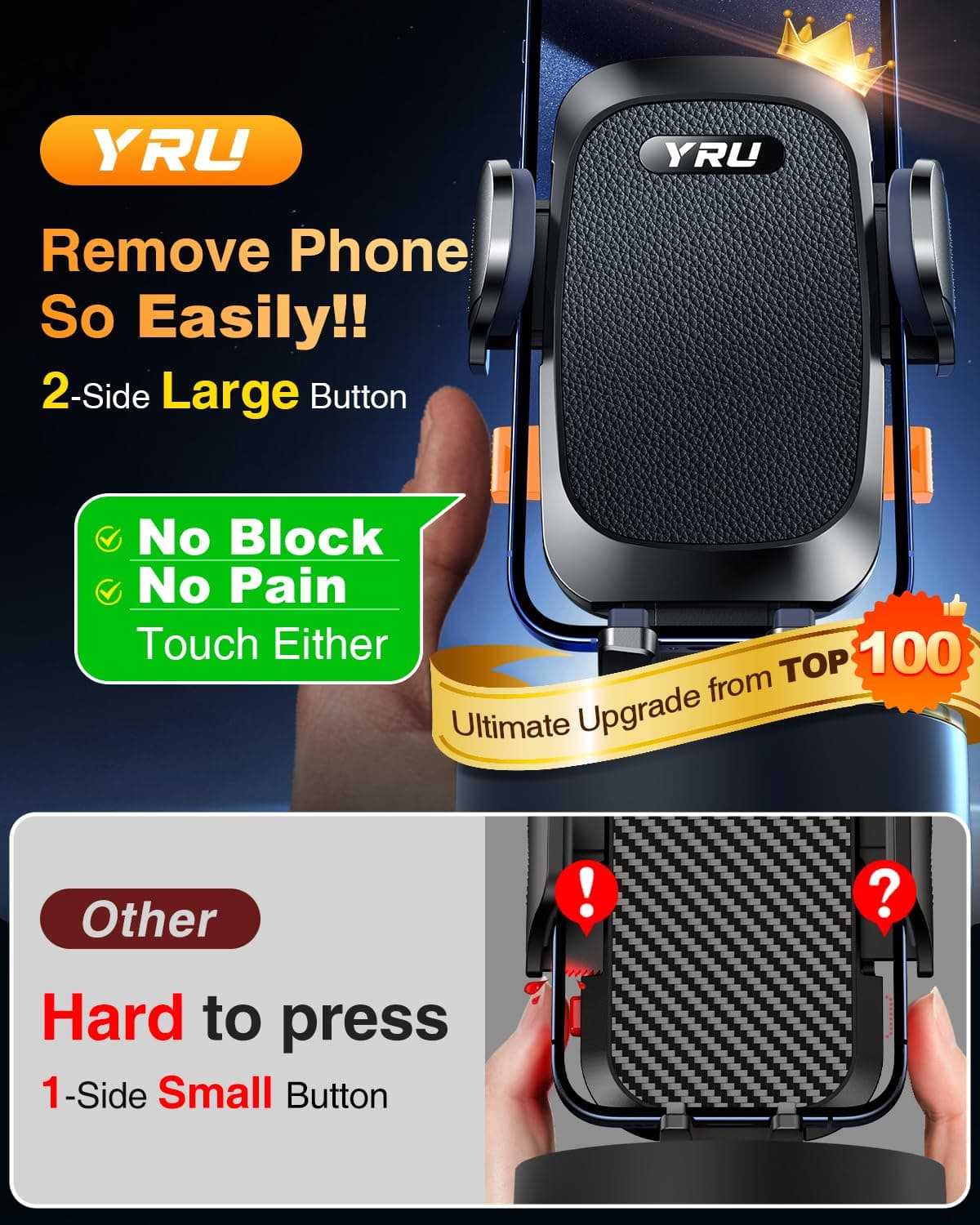 YRU [True Military-Grade & 360° Rotatable Suction 2026 Ultimate Car Phone Holder Mount【90+LBS Safest Strongest & Patent Certs】 Dashboard Windscreen Vent for iPhone 17 16 Pro Max Samsung, Pure Black — view 7