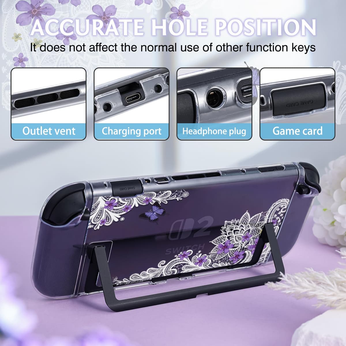 DLseego Clear Case Compatible with Switch 2,Anti-Scratch Slim Cover Case Pretty Printed Flowers PC Hard Protective Shell for Switch 2 with 2 Soft Joy-C Handle Cover,Butterfly Lace — view 3